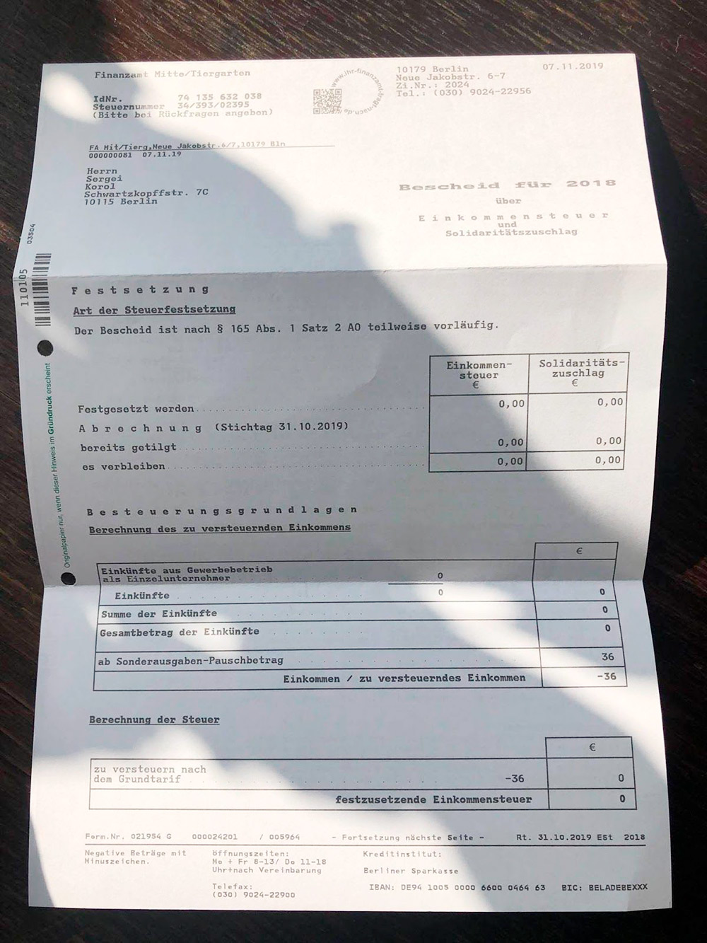 Окончательное решение по моей декларации за 2018 год. Сумма налогов к уплате — 0 €