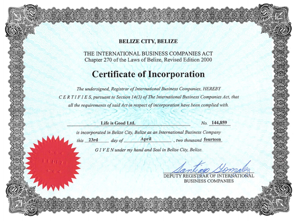 Компания Life is Good Ltd. зарегистрирована в Белизе 23 апреля 2014 года