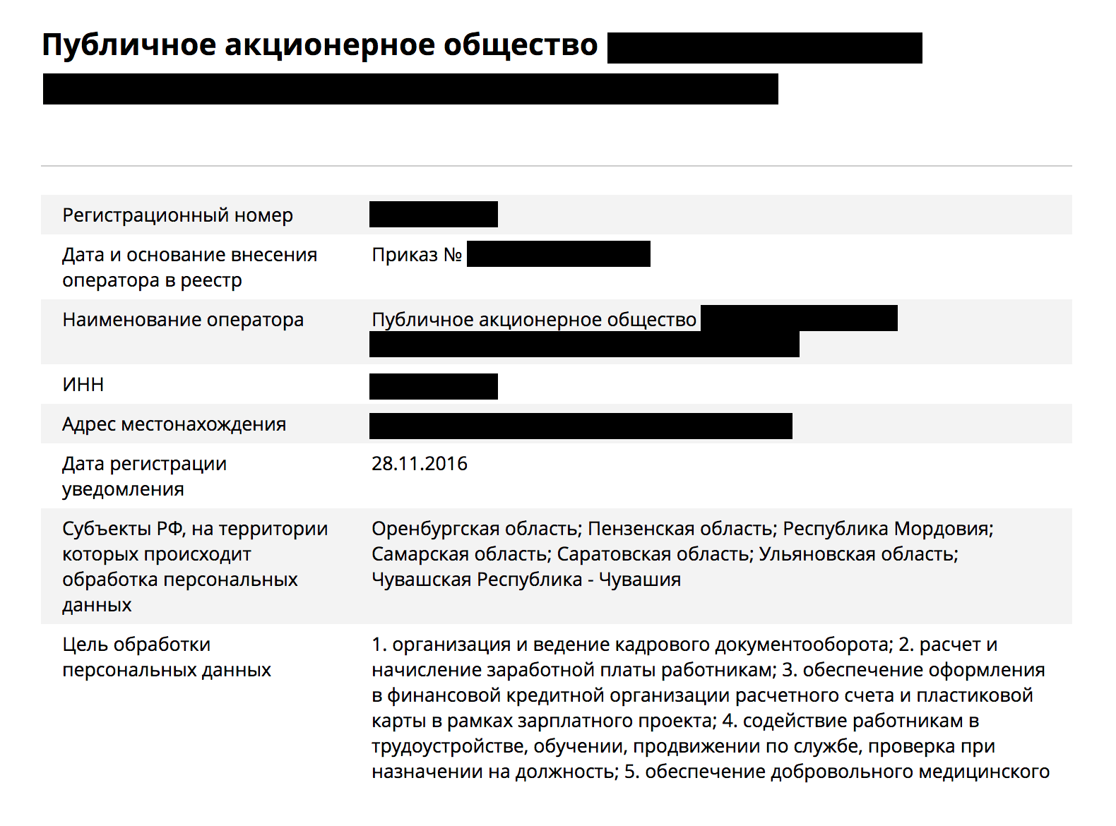 Сведения о компании в реестре Роскомнадзора