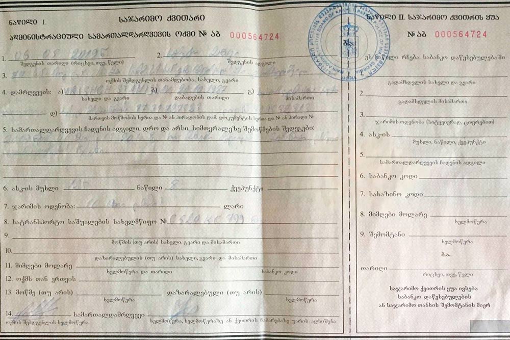 В грузинском банке оплатить штрафы мы не смогли, привезли домой и оплатили из России