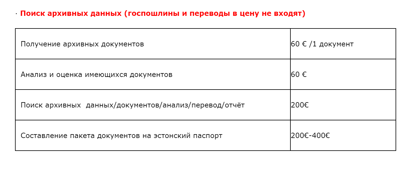 Прайс на услуги по сбору и оформлению документов одной из юридических фирм
