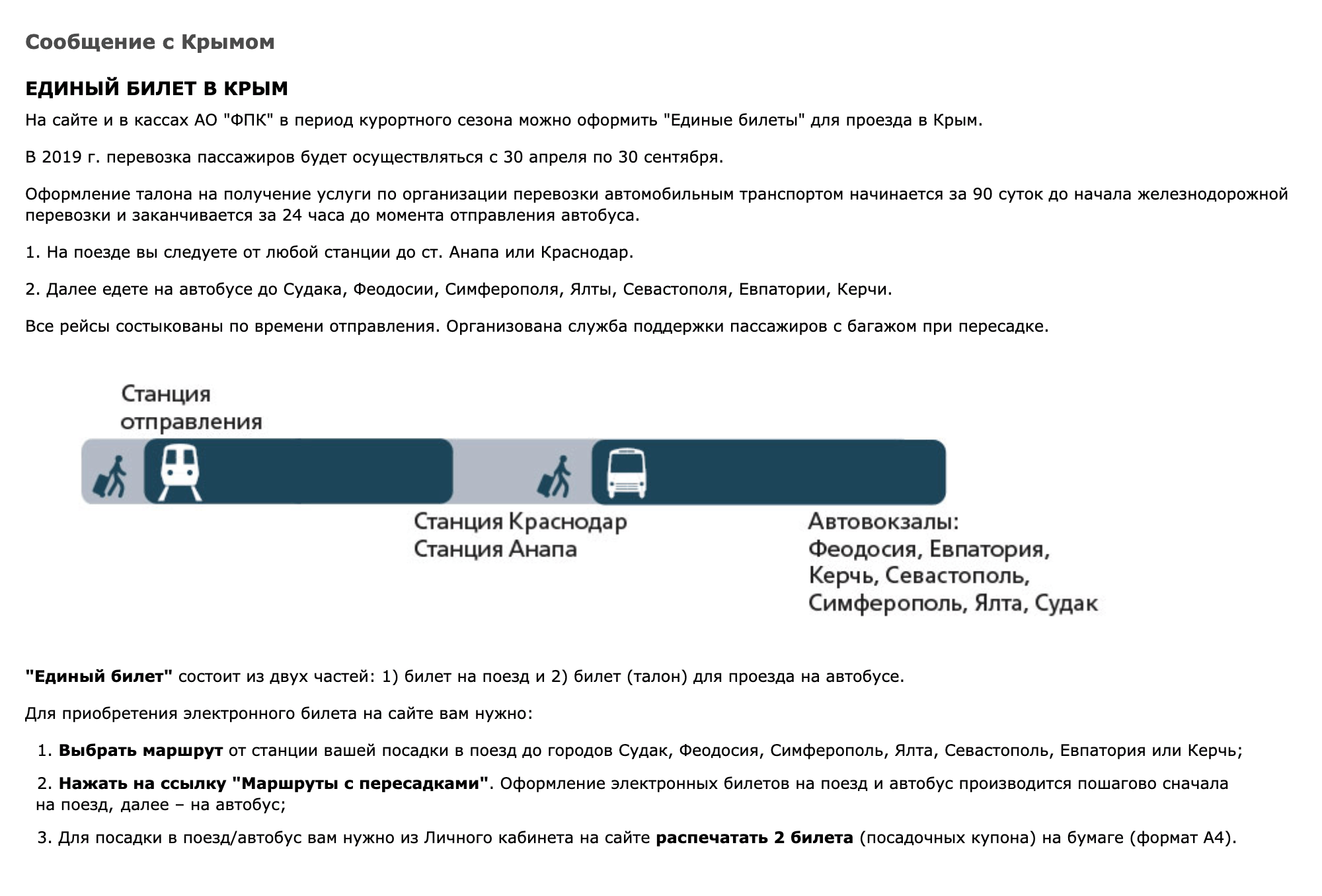РЖД предлагает доехать из Уфы до Краснодара, затем на автобусе до Евпатории. Пересадка между поездом и автобусом — 42 минуты