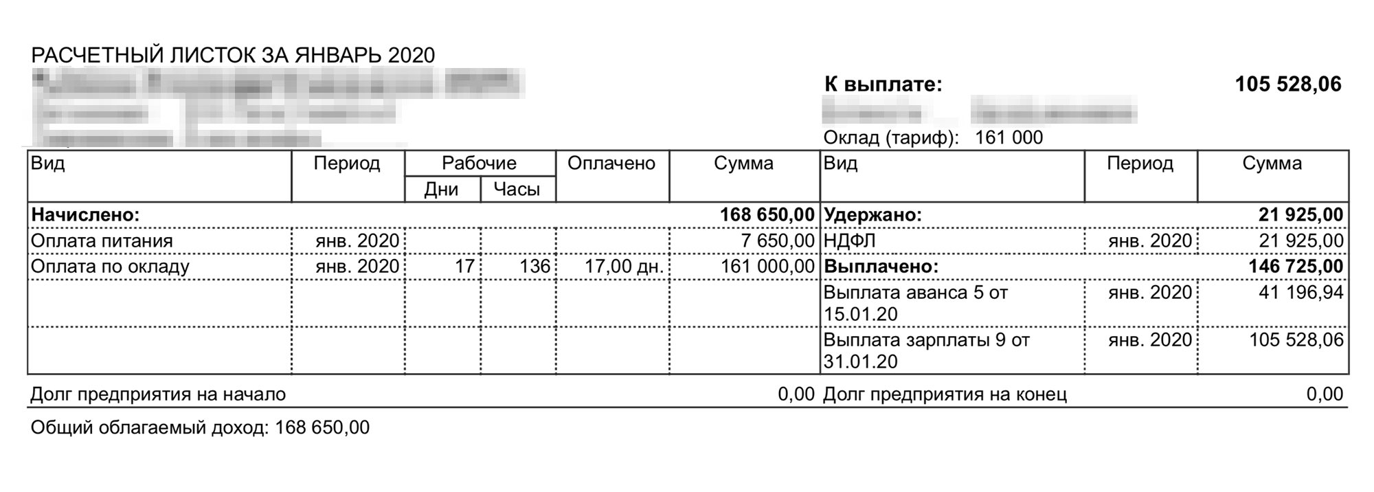 Расчетный лист за январь 2020