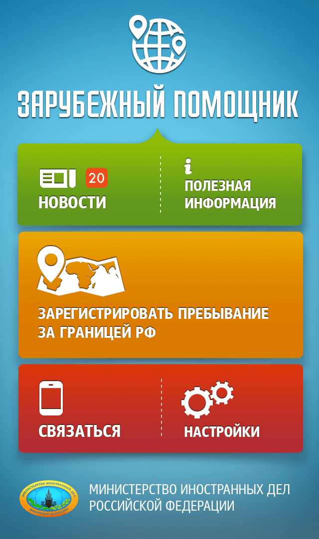 В приложении можно узнать полезную информацию о стране, в которой вы находитесь, и найти ближайшее посольство или консульство, используя геолокацию