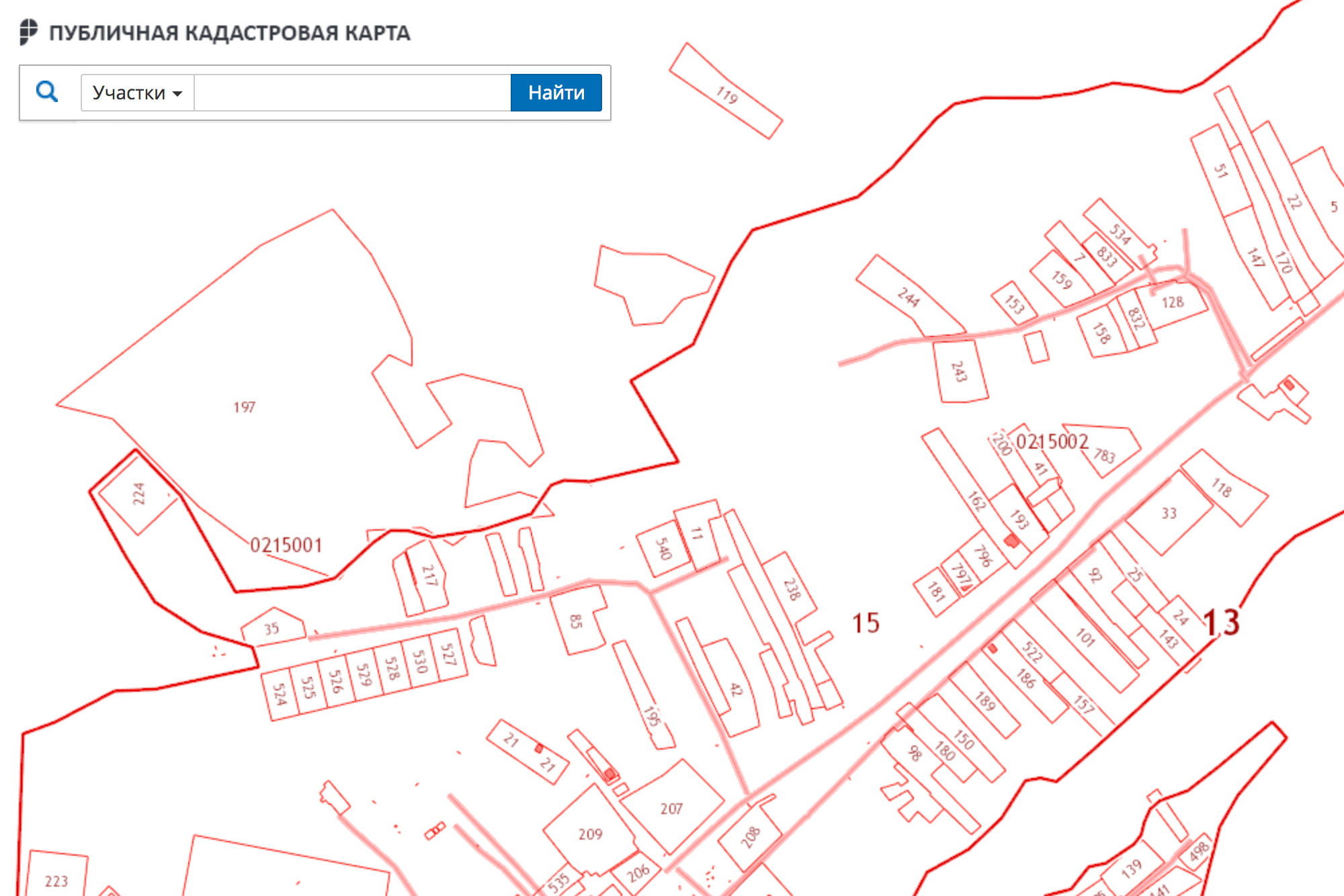Публичная кадастровая карта. Оформленные земельные участки обведены красным