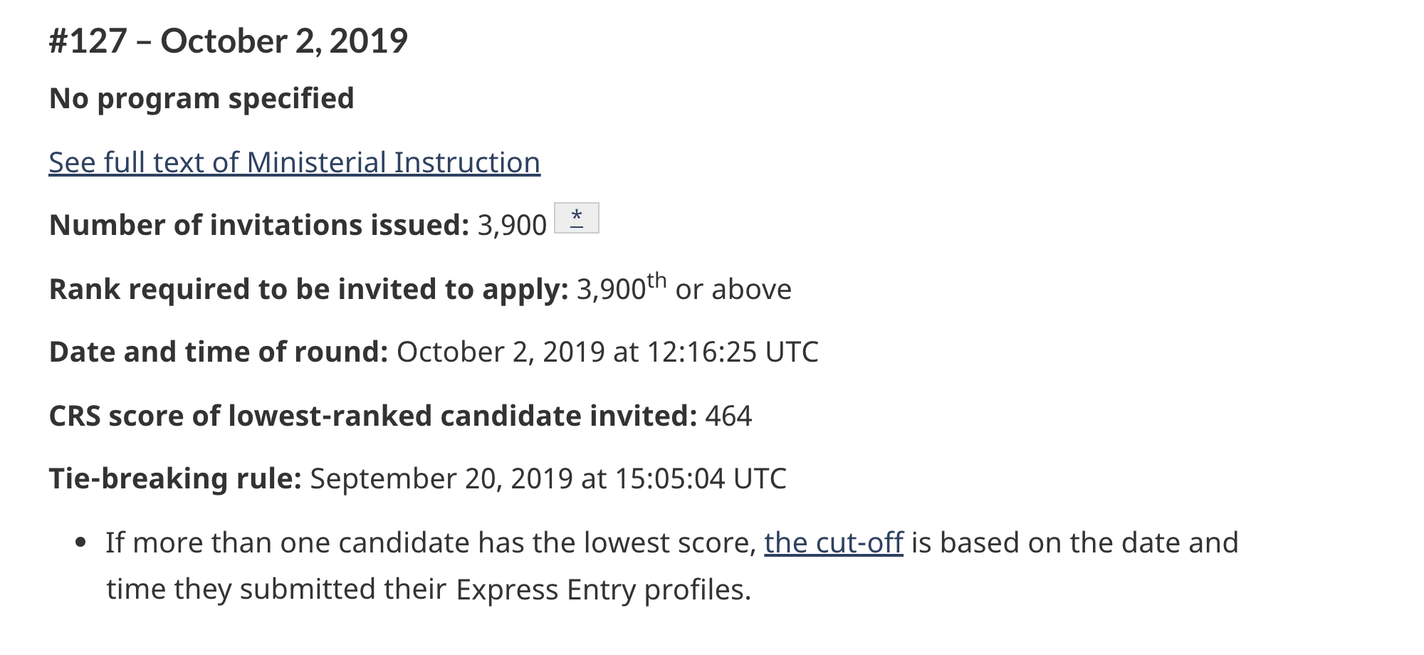 В отсеве 2 октября 2019 года проходной балл в программе Express Entry был 464