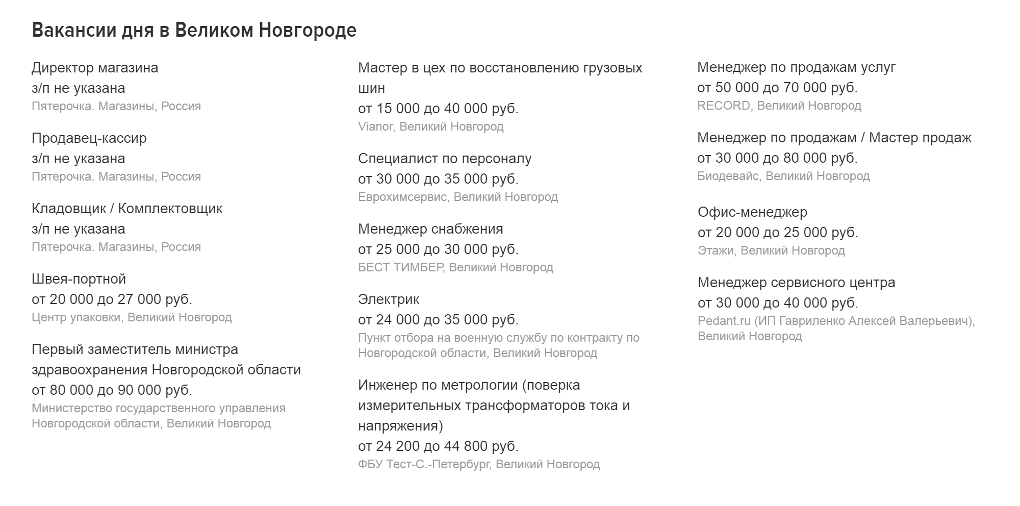 На «Хедхантере» работодатели в Новгороде предлагают зарплаты от 15 тысяч рублей