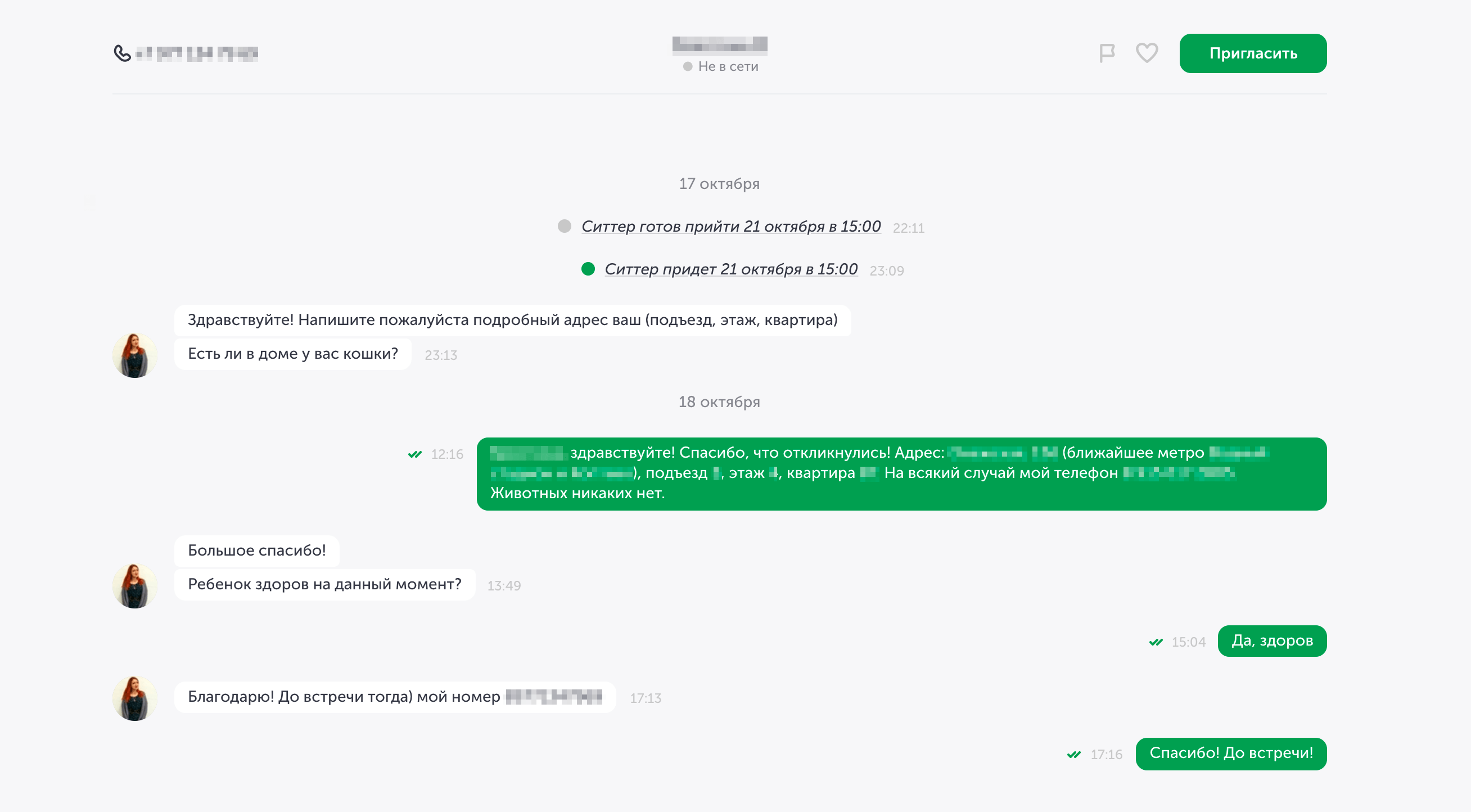 В чате с ситтером сразу можно обсудить детали заказа. Это был мой первый заказ, и я по неопытности только указала наш адрес, а надо было позадавать вопросы бэбиситтеру