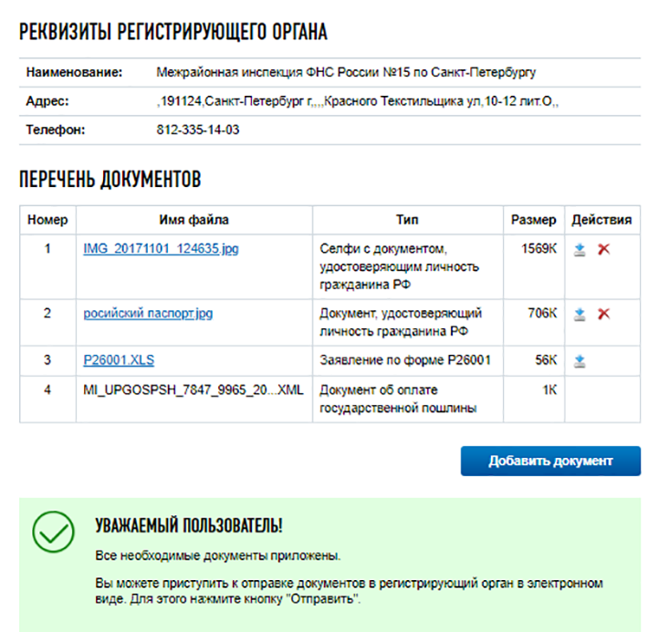 Загрузила нужные документы: скан паспорта, селфи с паспортом, заявление по форме Р26001 и подтверждение уплаты госпошлины