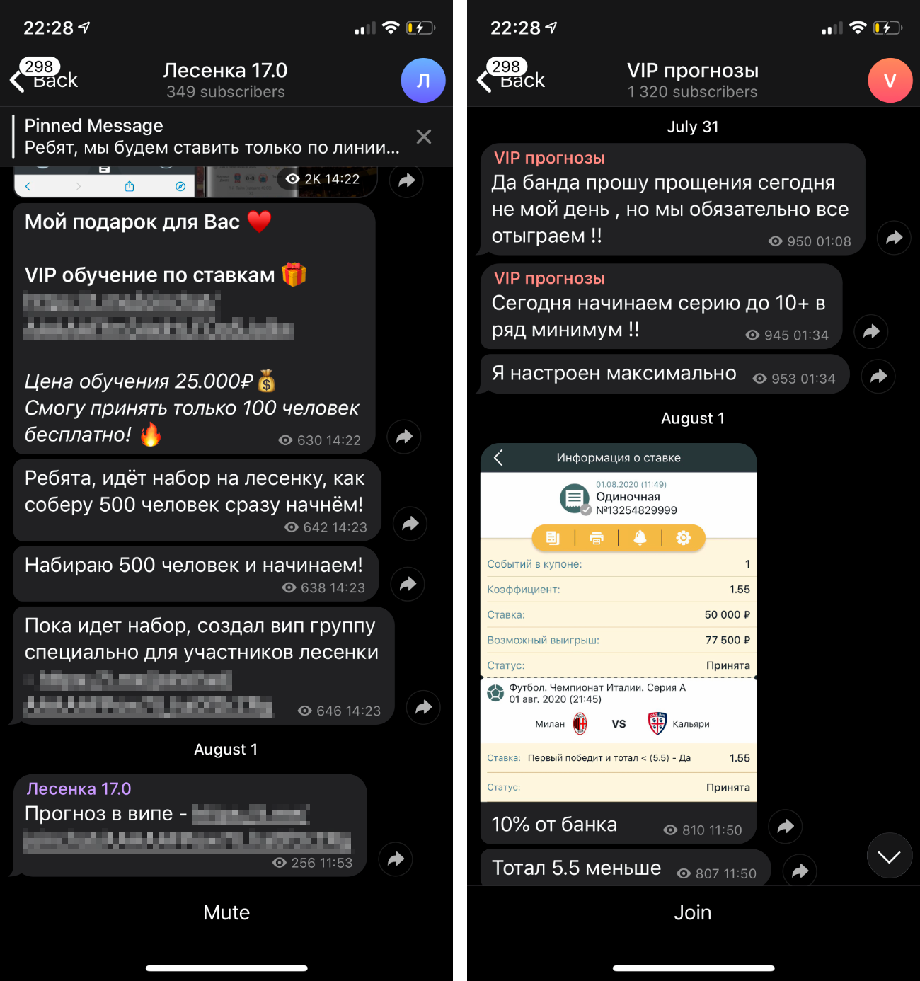 Я попала в закрытый чат, в котором организатор рекламировал свои курсы по ставкам. Ставить рекомендовали согласно прогнозам из открытого канала, причем мне «повезло» попасть на проигрышный прогноз