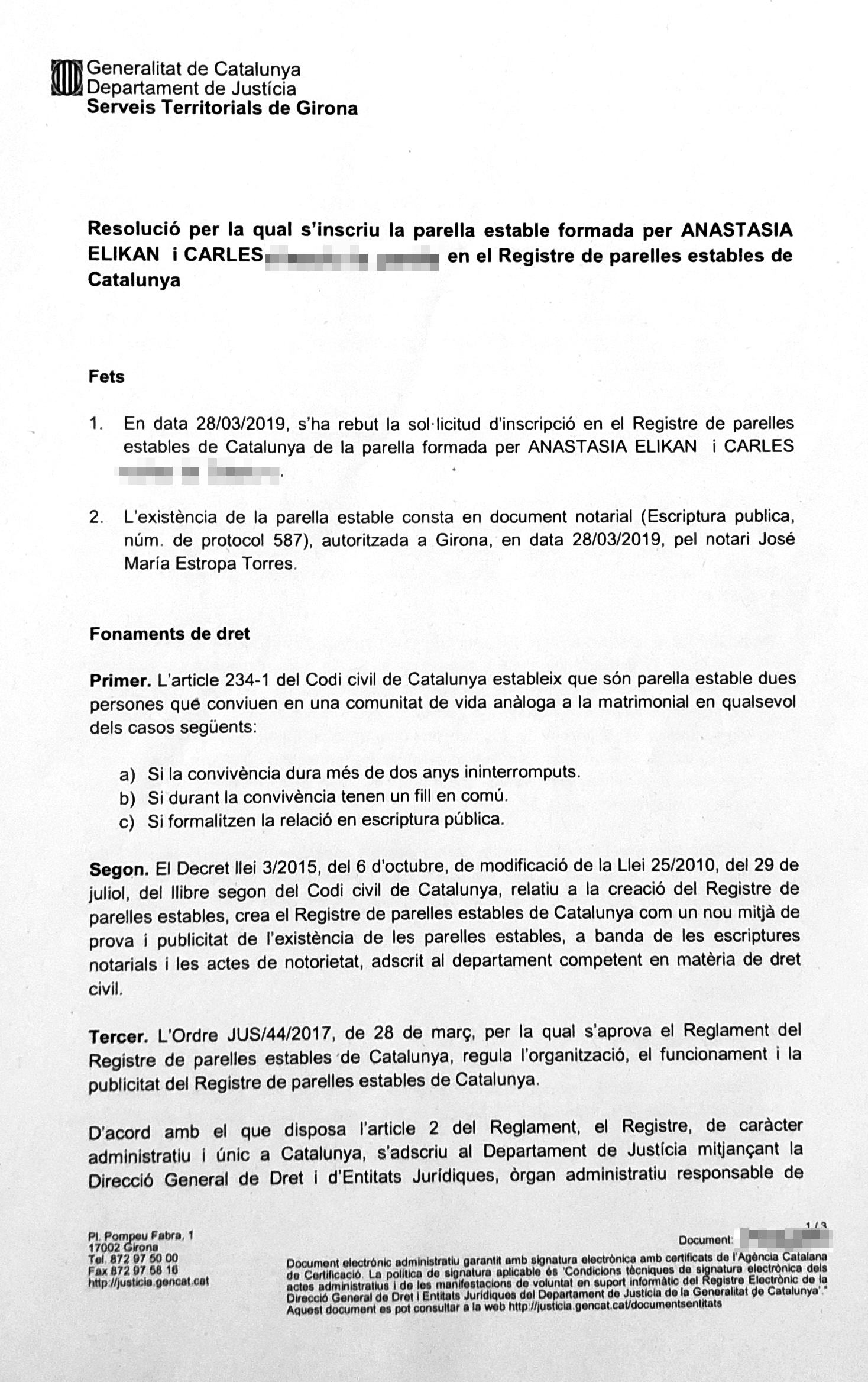 Свидетельство о заключении партнерского брака на каталанском