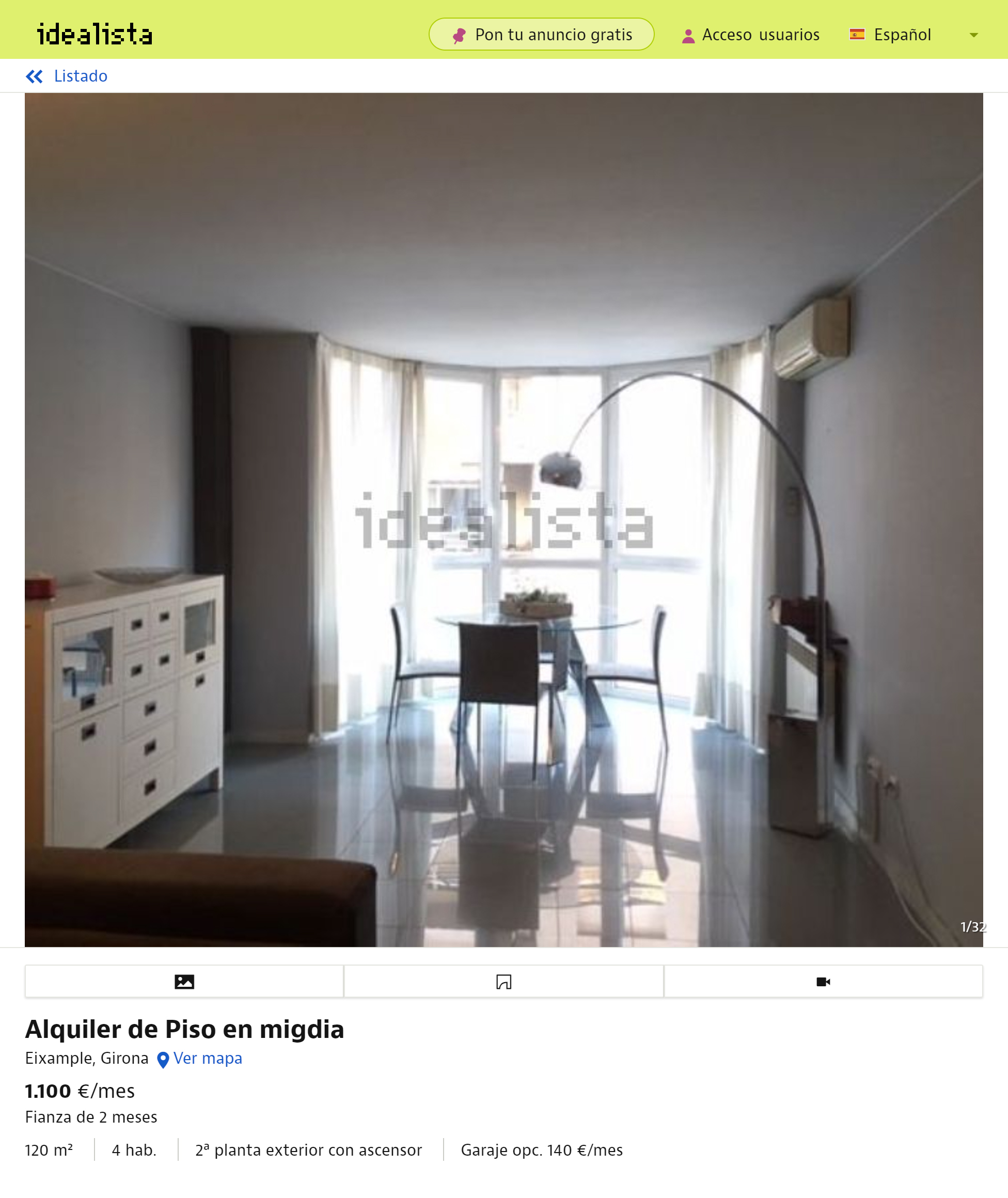 Квартира в районе Pedret площадью 91 м² с тремя спальнями — 700 € в месяц. Гараж включен в стоимость. Хозяева требуют залог за полгода
