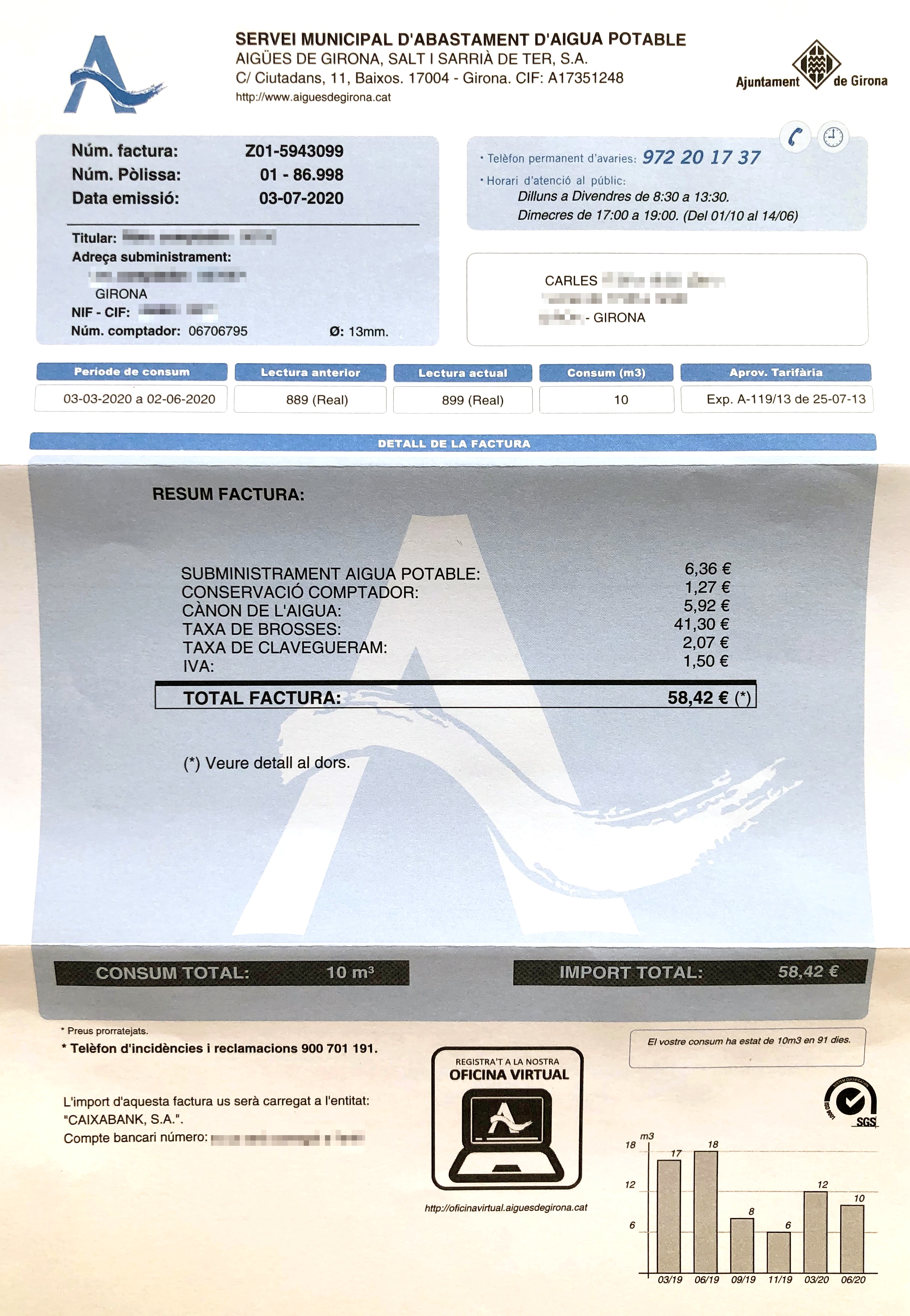 Счет за воду за три месяца, сюда же включена плата за вывоз мусора — 41,3 €