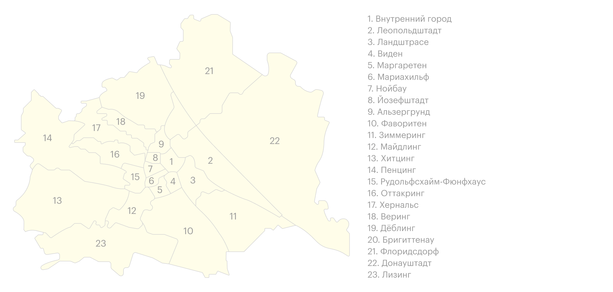 Глядя на карту, сразу становится примерно понятно, какие из районов наиболее удобно расположены. Престижнее всего, конечно, жить в центре Вены и в районах, прилегающих к нему