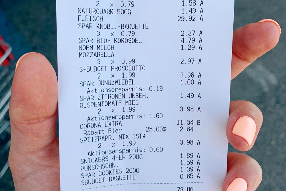 Чек за нашу стандартную закупку на 73 € (6643 <span class=ruble>Р</span>)