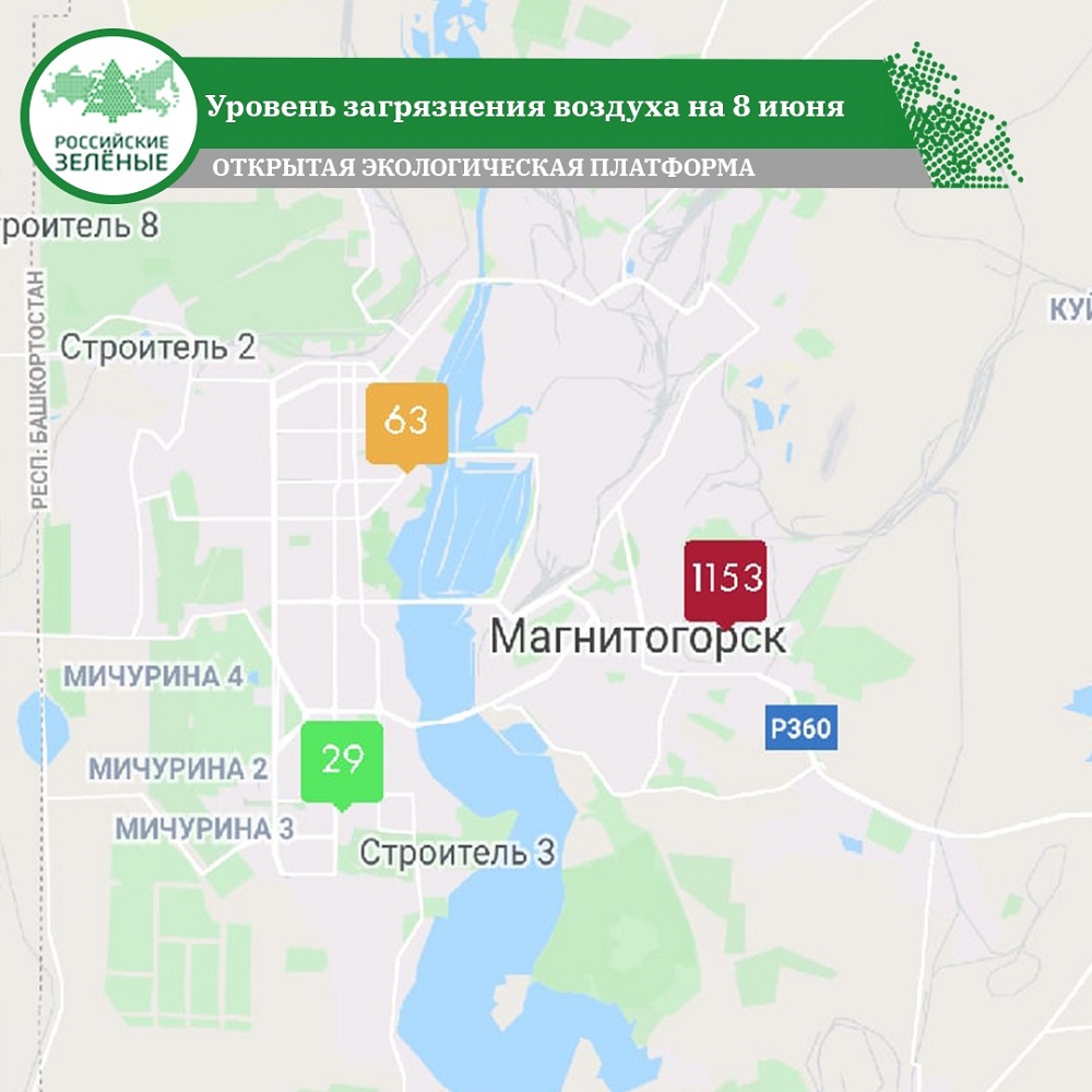 Уровень загрязнения воздуха в Магнитогорске по данным приложения «Эковизор» на 8 июня 2020 года. Цифры означают индекс качества воздуха — уровень загрязнения атмосферы различными химическими веществами и пылью. Видно, что на левом берегу ситуация хуже всего: рядом находится комбинат