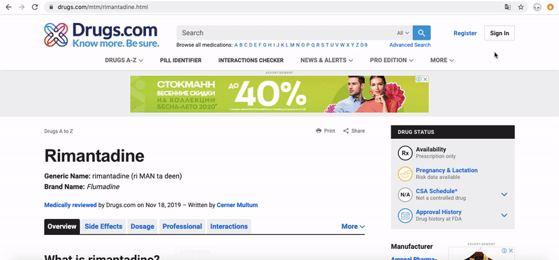 Мы нашли инструкцию к противовирусному препарату «Ремантадин»: на Drugs.com пишут о страшных последствиях при передозировке