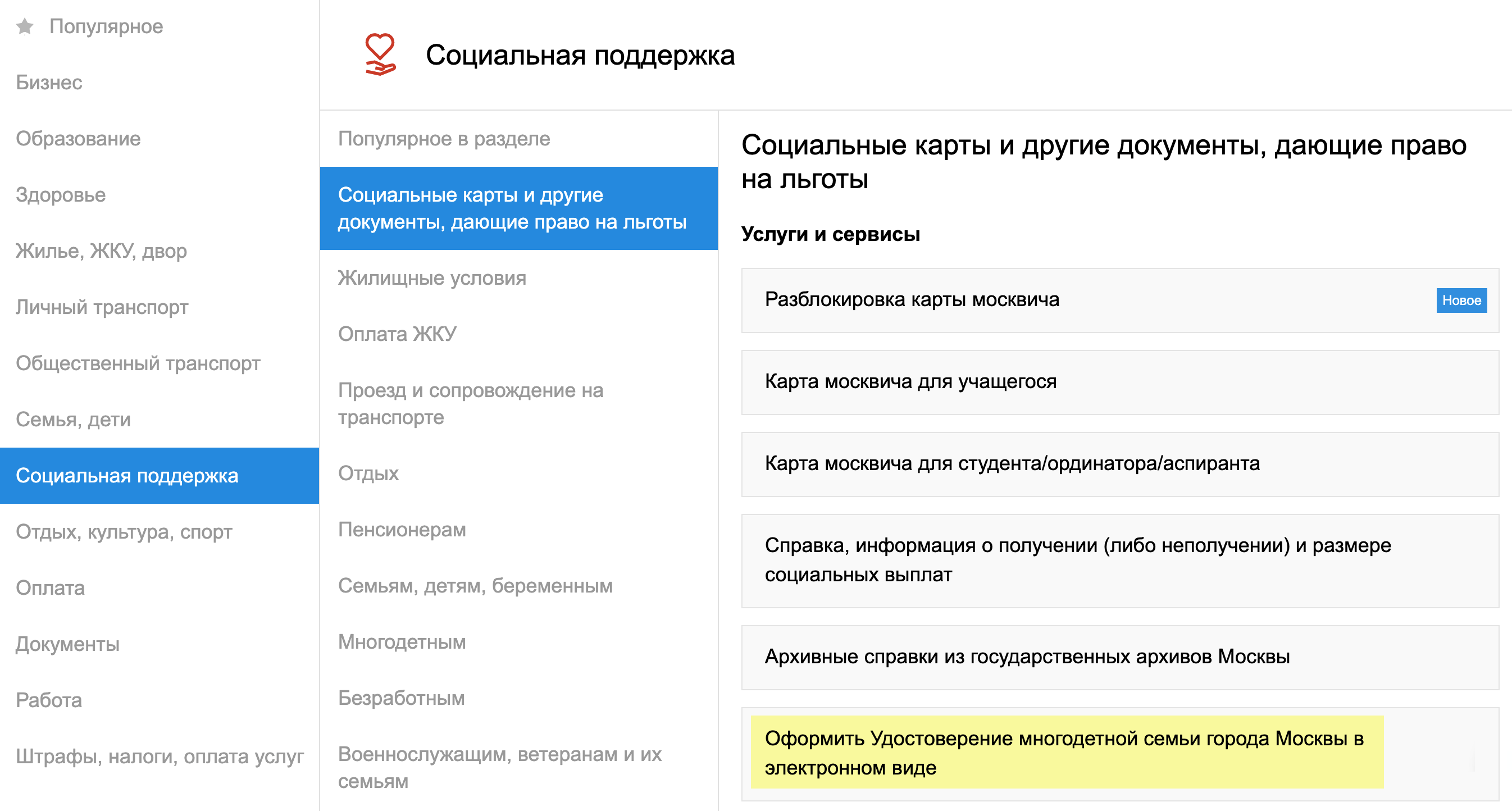 Заявление подают в разделе «Услуги» → «Социальная поддержка» → «Социальные карты и другие документы, дающие право на льготы»