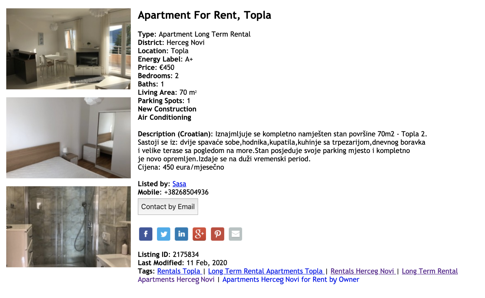 Квартира за 450 € в месяц в Херцег-Нови