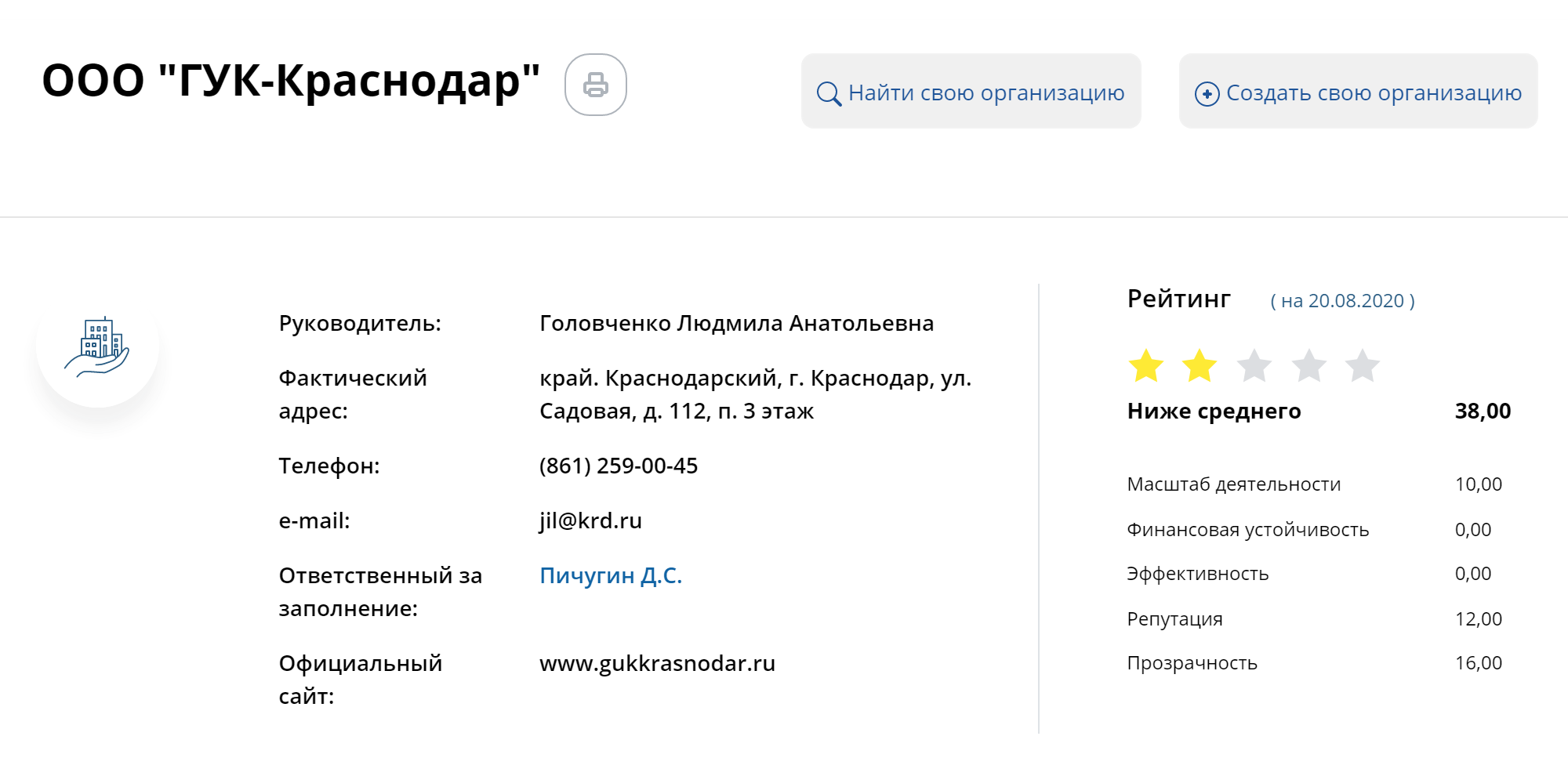 Если нажмете на название УК, увидите полную информацию о ней. Тут же можно посмотреть рейтинг компании и какие еще дома она обслуживает