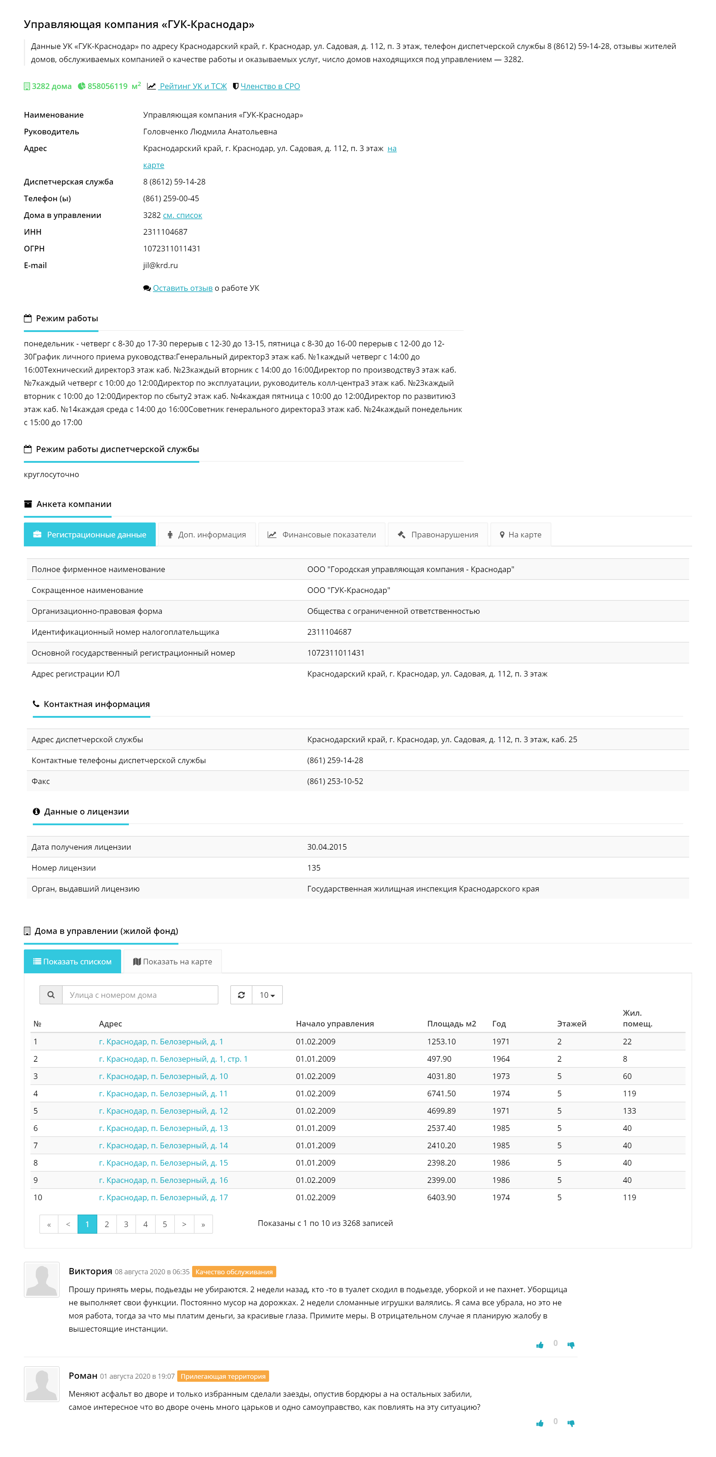 На портале указан адрес УК, ее телефон, электронная почта, режим работы и даже отзывы о компании