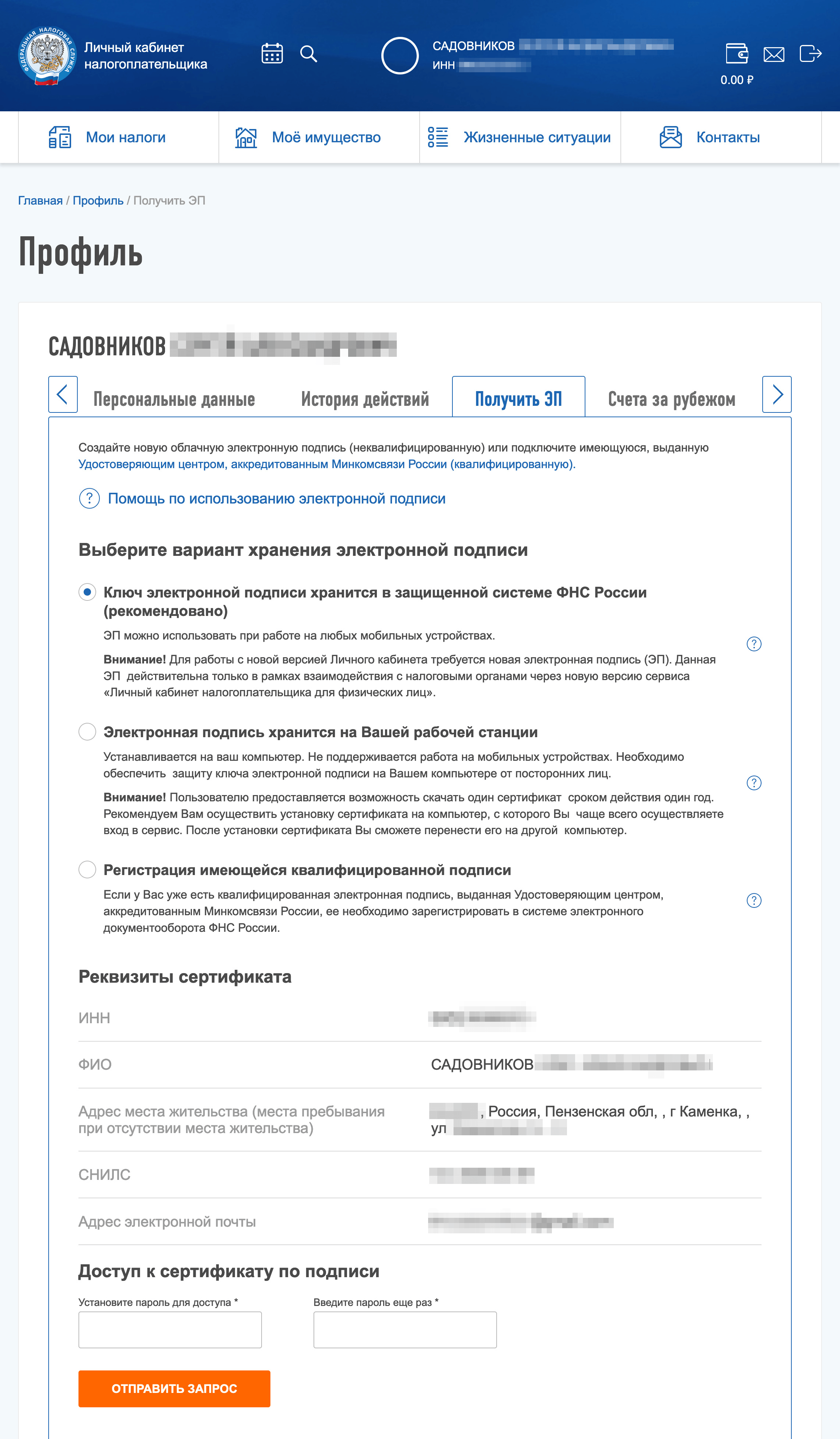 Выбор способа и варианта хранения электронной подписи. Нужно только придумать пароль к сертификату и нажать «Отправить запрос»