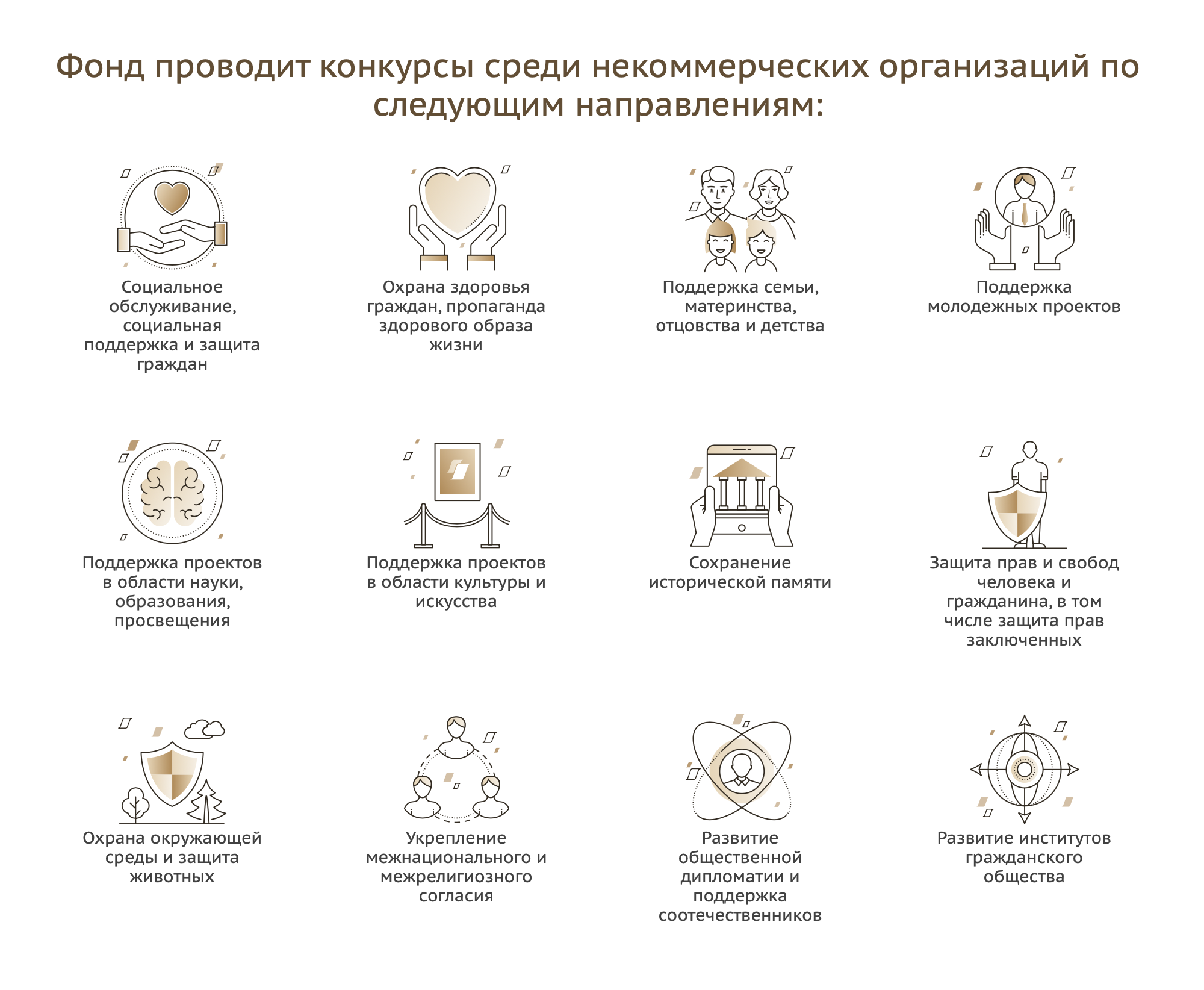 Вот все направления, по которым Фонд президентских грантов проводит конкурсы на субсидии среди НКО