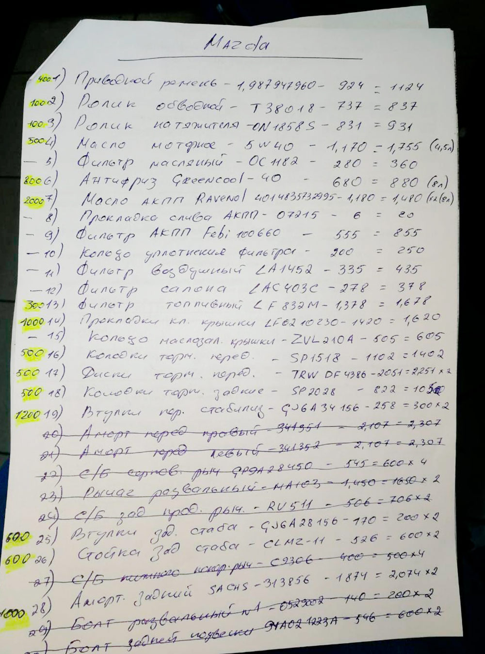 Список запчастей для технического обслуживания. Указано две цены: первая — по каталогу, вторая — с учетом доставки до мастерской. Суммы, выделенные желтым маркером, — стоимость работ