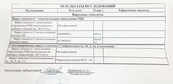На этом бланке представлены результаты качественного и количественного теста на гепатит С — оба говорят, что вирус в организме есть. Через некоторое время после начала лечения нужно будет сделать повторный количественный анализ на гепатит С. Если концентрация вируса в биоматериале уменьшится, значит, лечение помогает. Фото: nuzdkp.ru