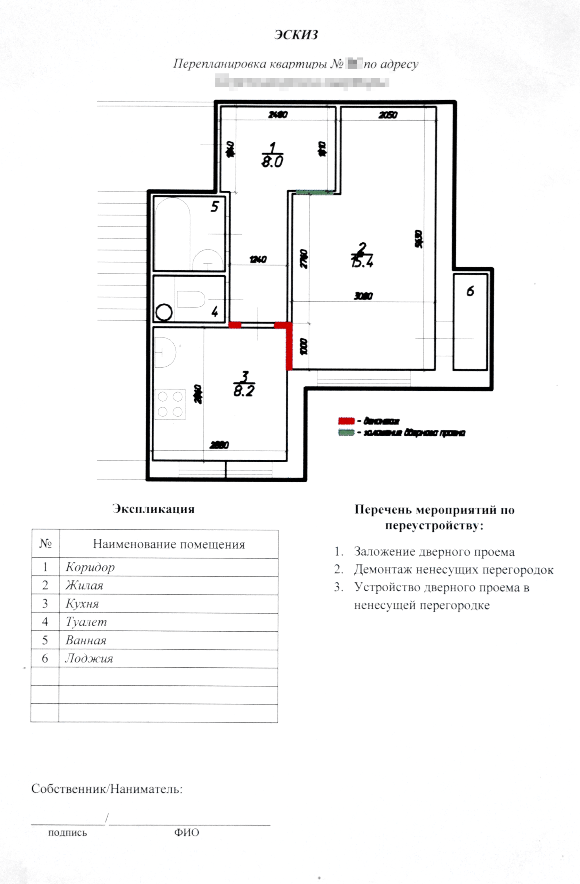 Эскиз перепланировки. Красным цветом выделены все стены, которые я планировала снести, а зеленым выделен проем, который хотела зашить