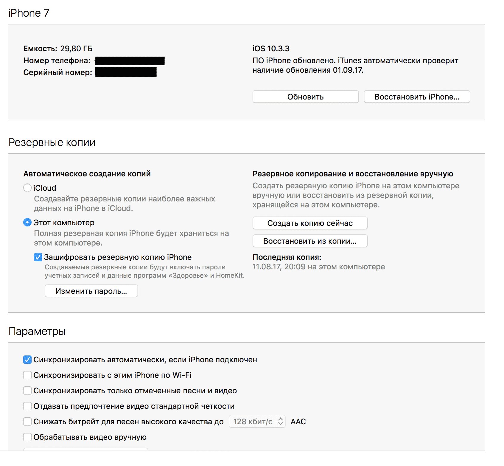 Айтюнс автоматически определит модель вашего телефона и предложит варианты действий