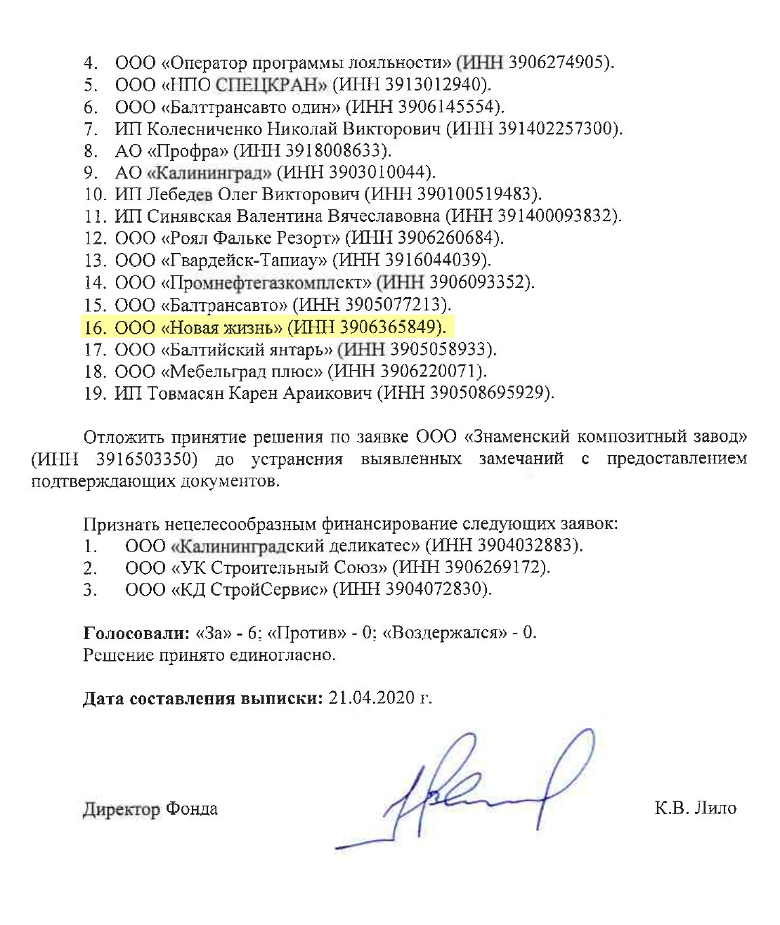 Выписка из протокола № 27/2020 заседания наблюдательного совета Фонда поддержки предпринимателей Калининграда. Трем компаниям отказали, одной пришлось подавать документы заново