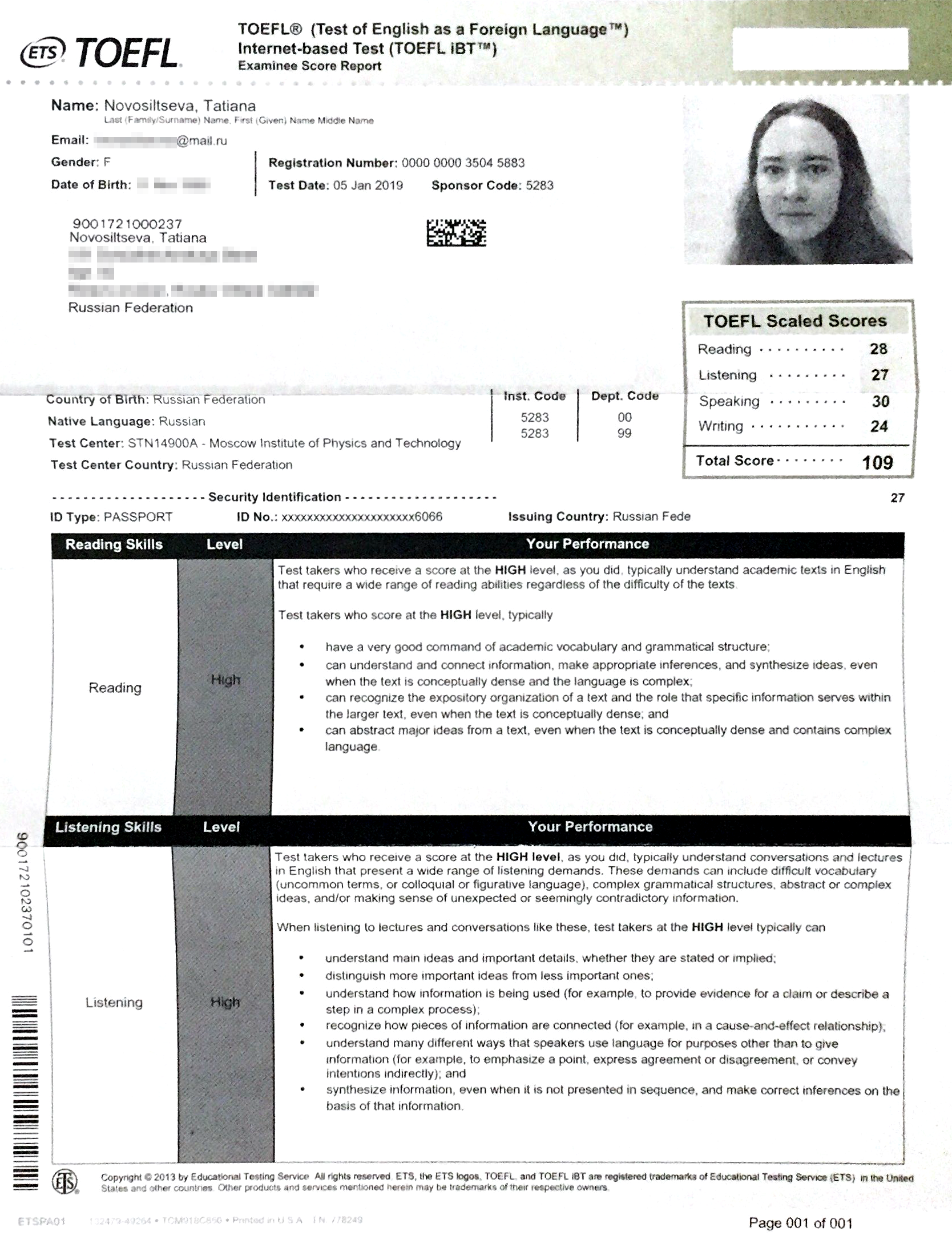 По результатам экзамена я набрала 28 баллов за чтение, 27 — за аудирование, 30 — за говорение и 24 — за письмо, всего 109 из 120 возможных