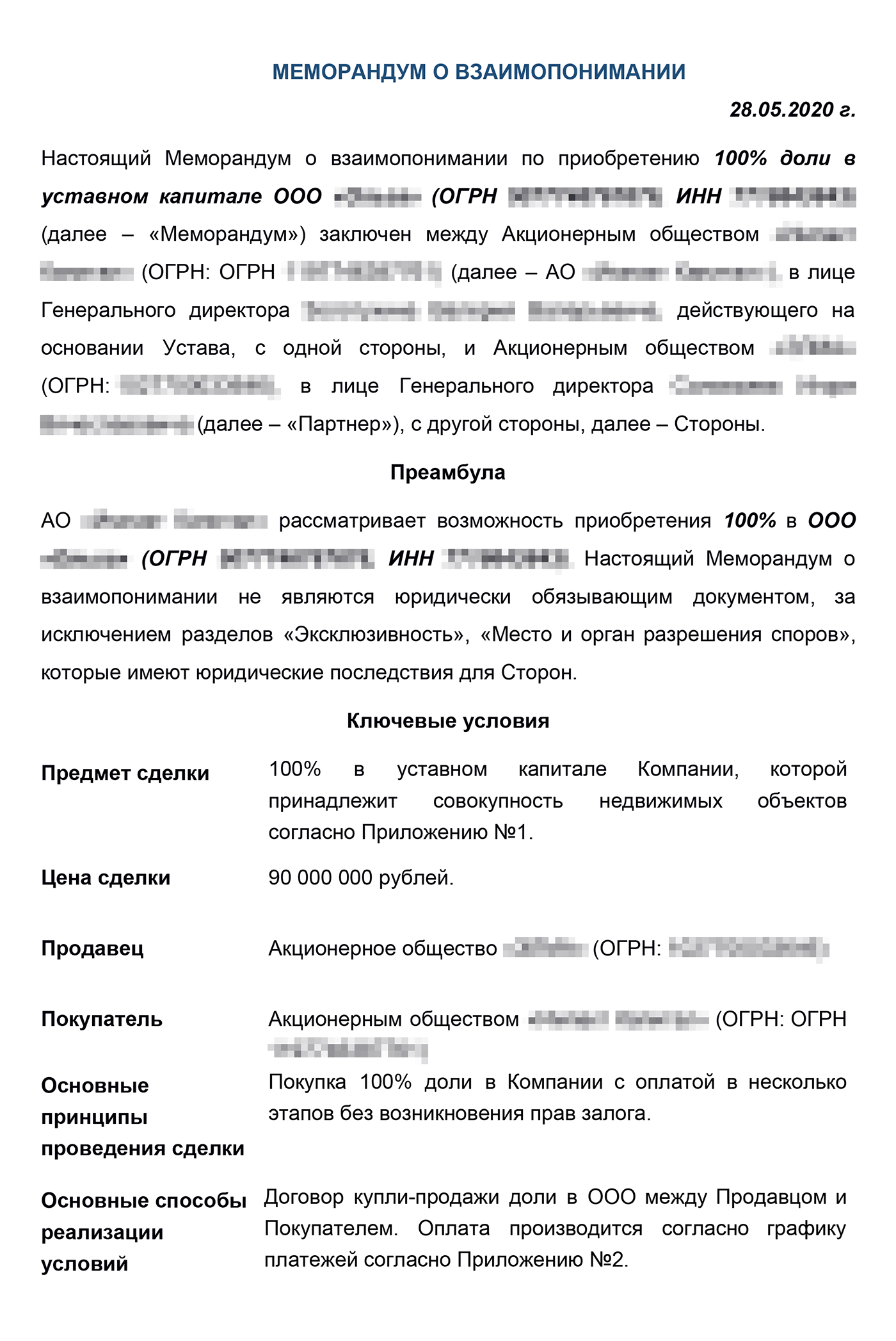 Пример меморандума о взаимопонимании: стороны договорились о цене и гарантиях сделки