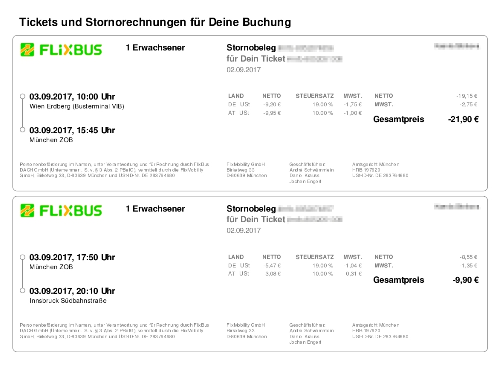 Билет на Flixbus по направлению Вена — Мюнхен — Инсбрук, который куплен день в день. Проезд обошелся в 31 €