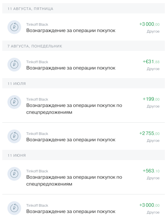 История вознаграждений за три месяца: в августе автор уперся в лимит кэшбэка по рублевой карте, но получил дополнительное вознаграждение по карте с евро; в июле пришло два рублевых кэшбэка; в июне снова уперся в лимит, но получил дополнительные 563 рубля по спецпредложениям