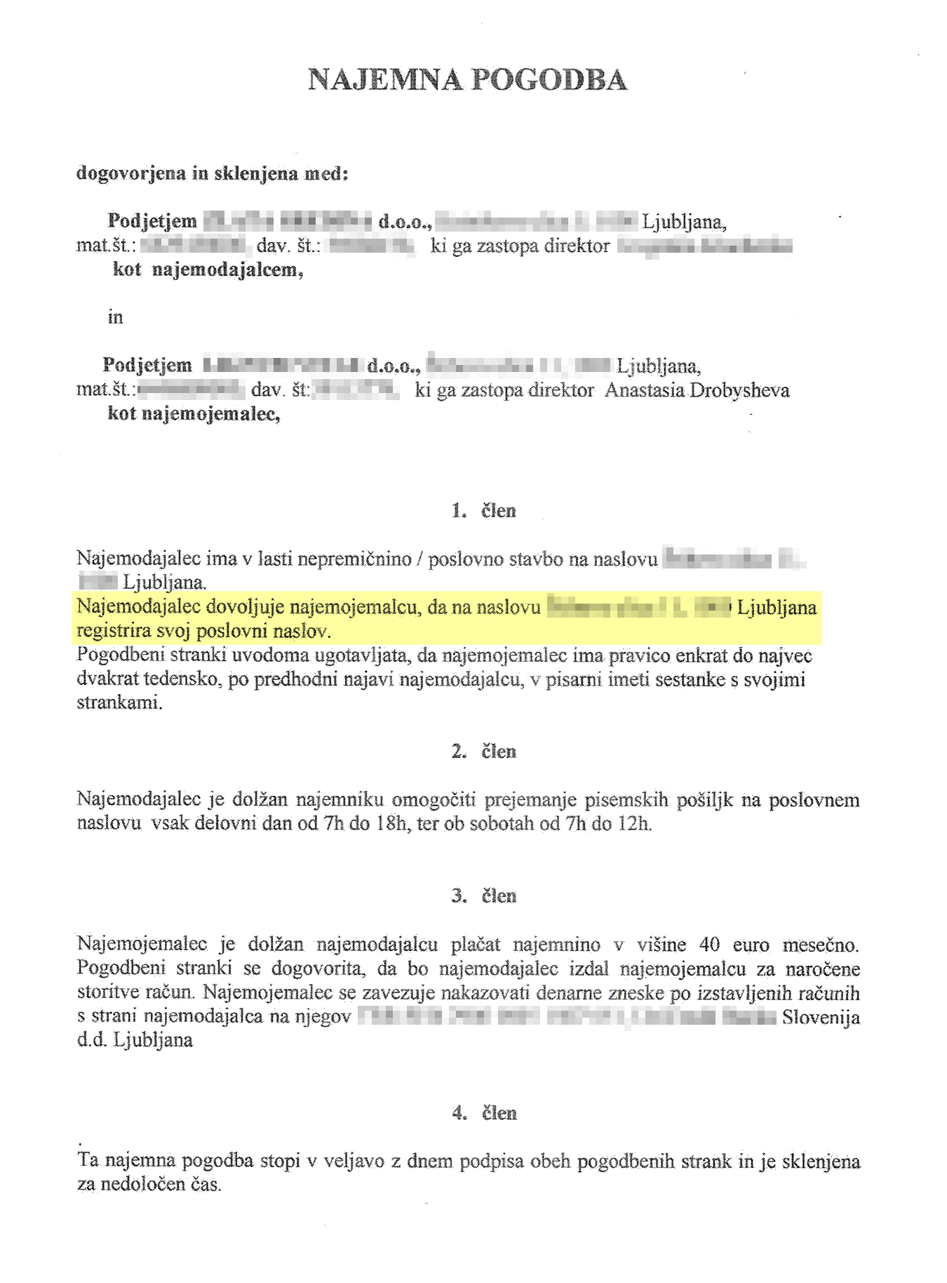 Договор с провайдером юридического адреса в Словении. Желтым выделен пункт о регистрации адреса