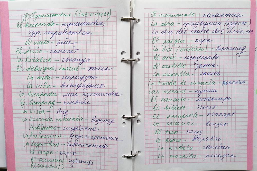 Для записи слов и выражений я завела тетрадь. До сих пор записываю новые — уже во время занятий с репетитором. Все слова и фразы разделила по темам. Так проще ориентироваться по тетради и время от времени повторять материал