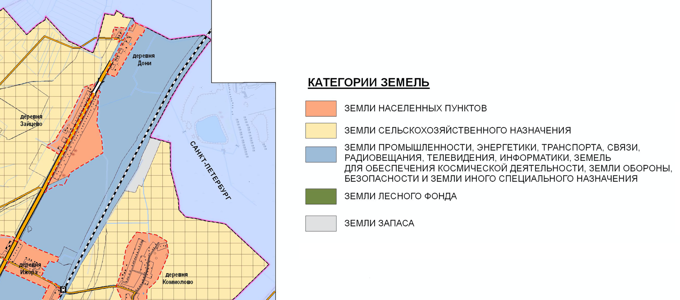 Наглядно видно, что земельные участки в деревни Дони относятся к категории земель населенных пунктов, — они выделены на карте светло-оранжевым. В то время как земельные участки, расположенные в СНТ, относятся к категории земель сельскохозяйственного назначения и выделены светло-желтым