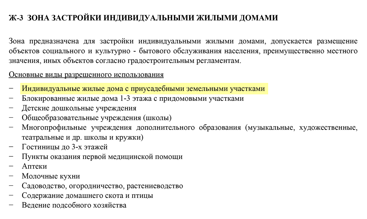 Мы видим, что в зоне Ж-3 можно строить индивидуальные жилые дома. Там можно найти ограничения по этажности, размеру самого земельного участка и другие важные характеристики для строительства