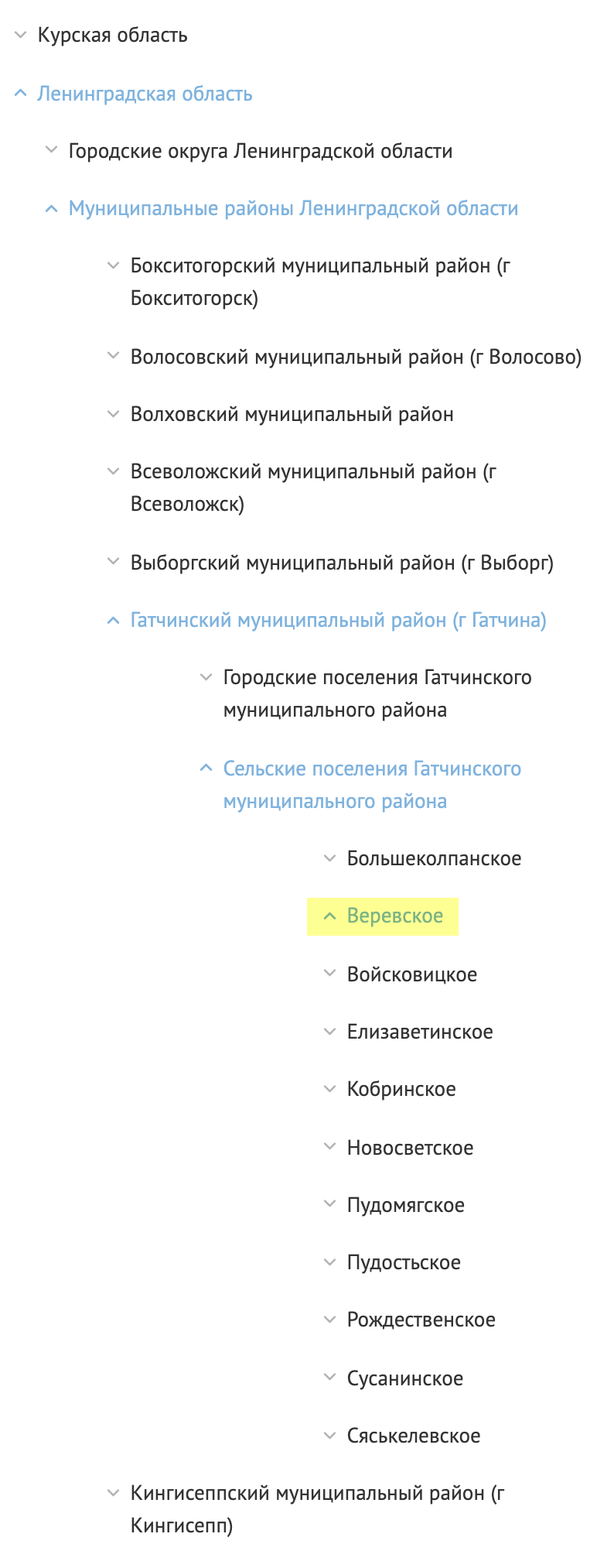 Слева необходимо выбрать соответствующий субъект РФ, затем район и поселение, в котором находится земельный участок. Я выбрала для примера Веревское сельское поселение, где находится СНТ «Дони» и деревня «Дони»