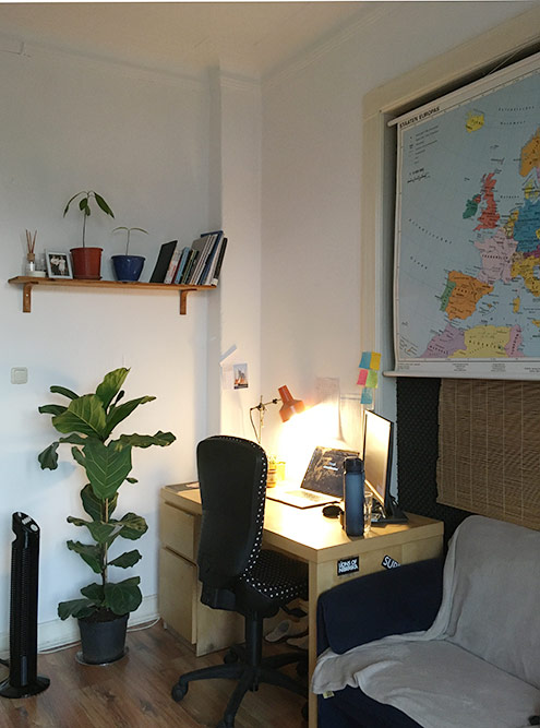 Моя комната за 340 €. У меня есть кровать, диван, шкаф, рабочий стол, балкон и много цветов