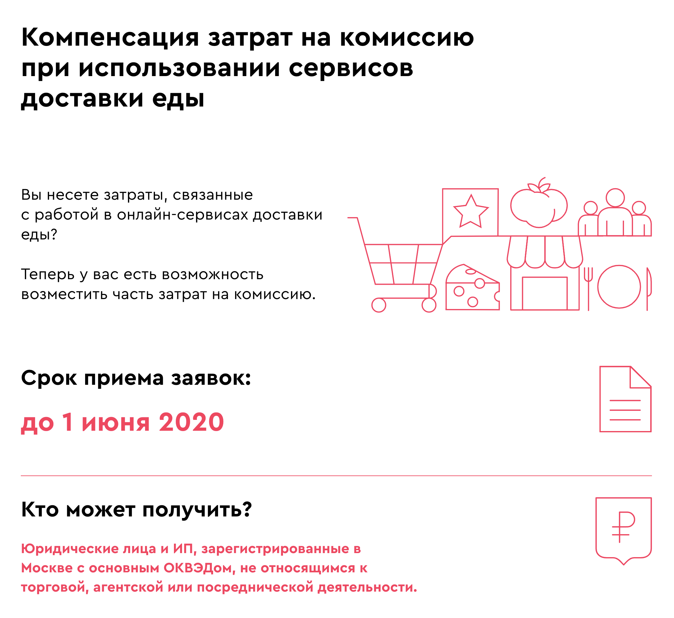 Сейчас правительство Москвы компенсирует затраты на комиссию только сервисов доставки«Яндекс-еда» и «Деливери-клаб». Список сервисов доставки обещают дополнить