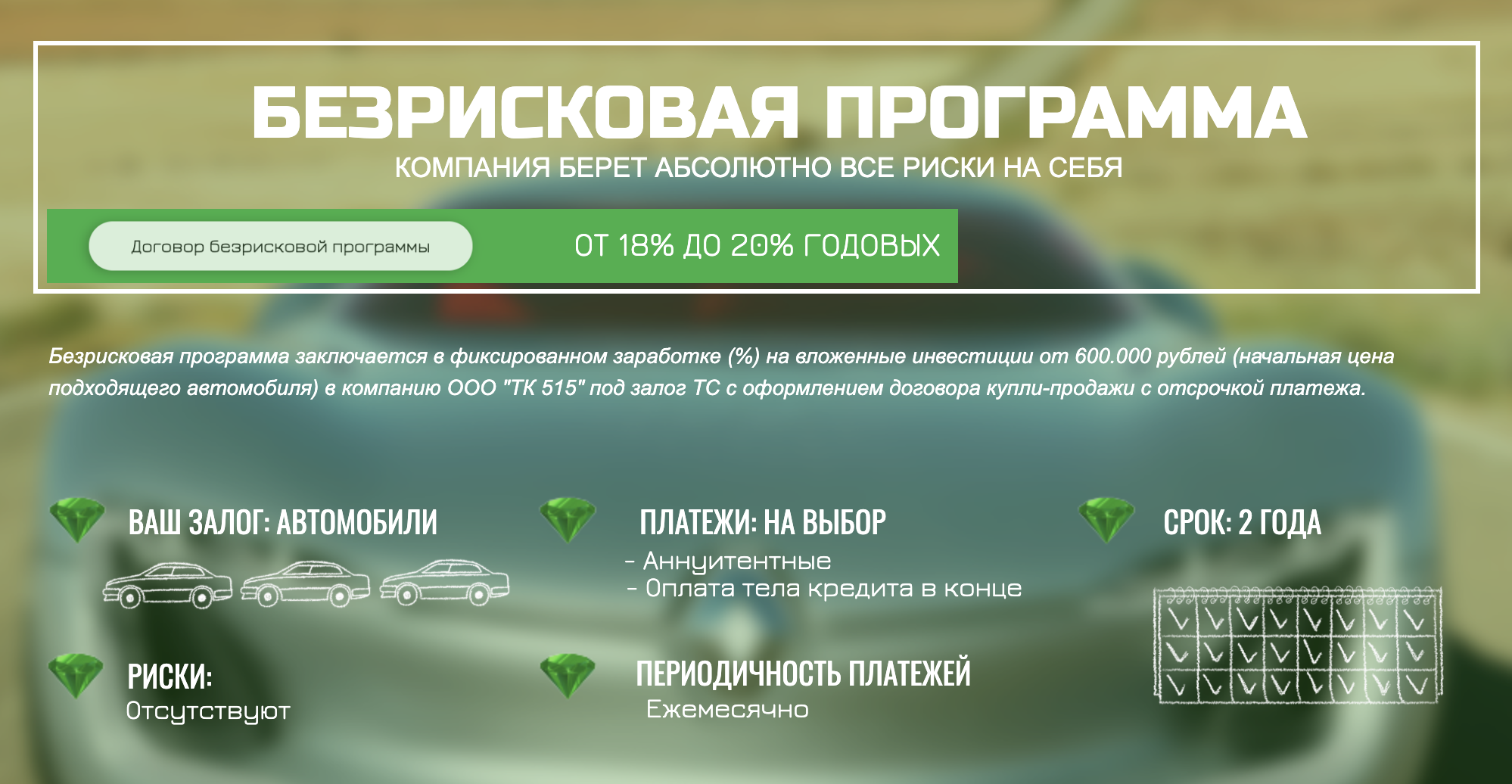 Описание программы не добавляет ясности: здесь все те же утверждения, что риски «отсутствуют». При этом минимальная сумма инвестиций — уже 600 тысяч рублей, а не 700 и 100 тысяч, как в таблице тарифов