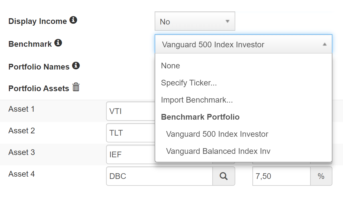 Задаем бенчмарк через выпадающий список — в нашем случае Vanguard 500 Index Investor