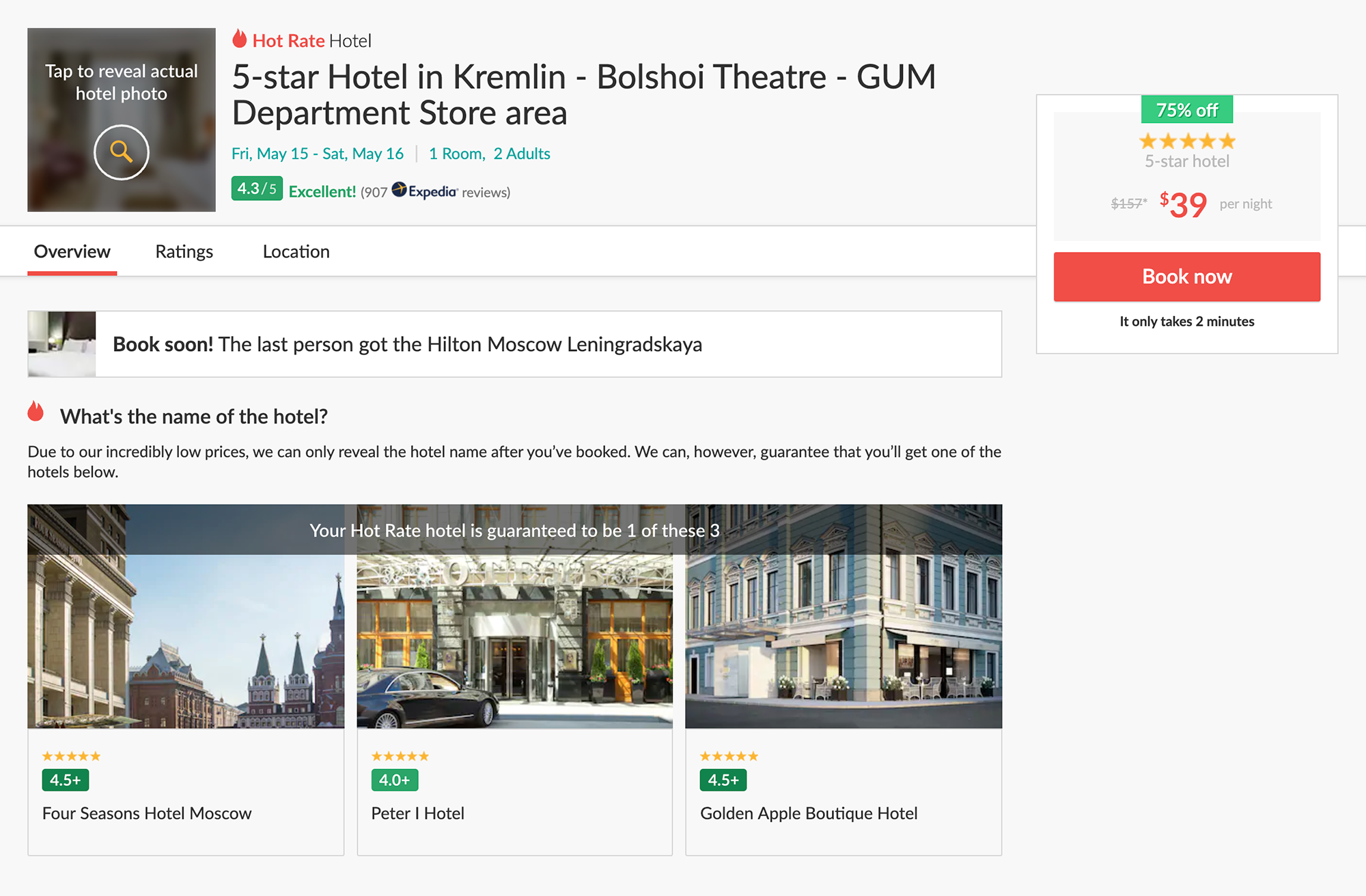 Номер в пятизвездочном отеле у Красной площади можно забронировать за 39 $ (3003 <span class=ruble>Р</span>). Название неизвестно, но сервис гарантирует, что это будет Four Seasons, «Петр I» или Golden Apple — сейчас он называется Chekhoff