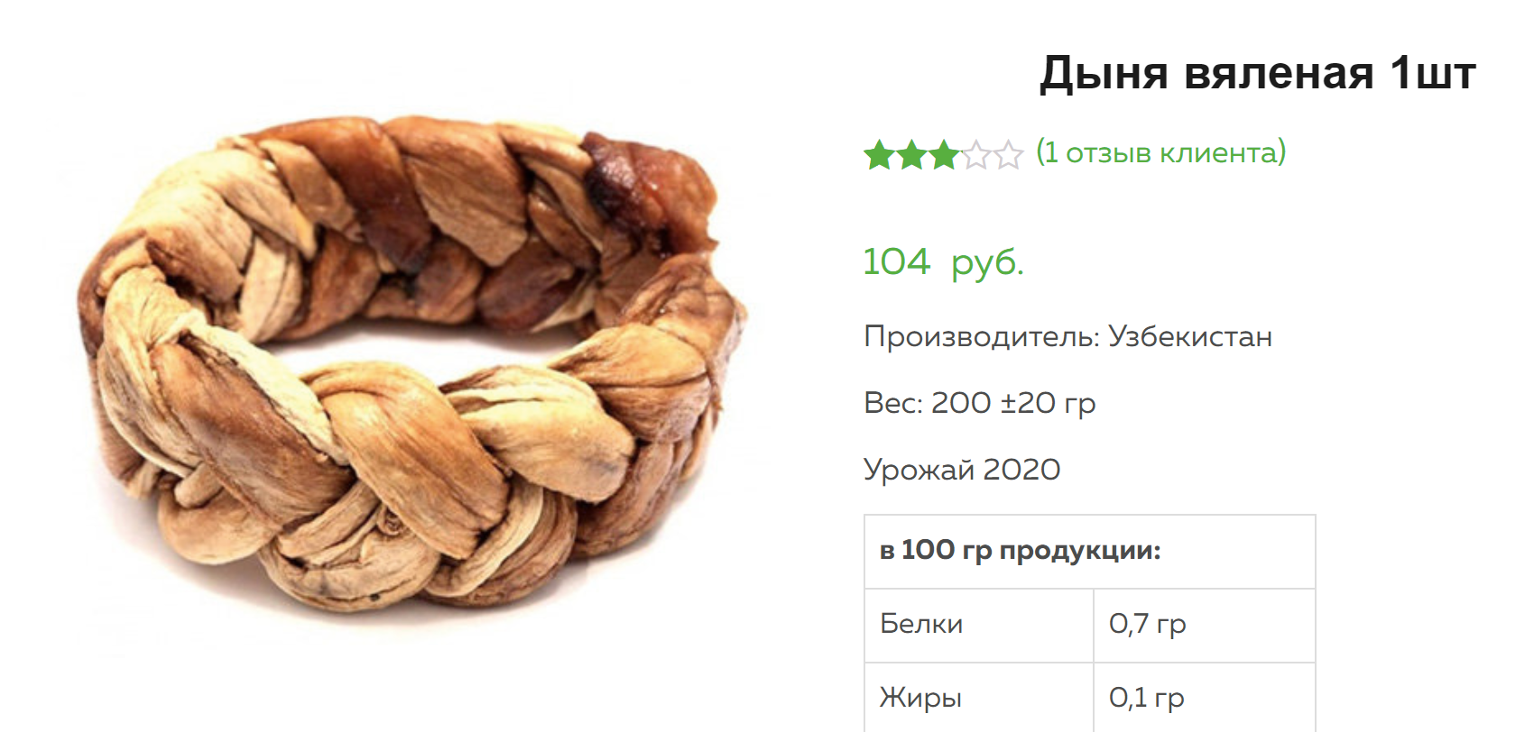 В России вяленая дыня стоит около 100 <span class=ruble>Р</span> за 100 г. В Узбекистане за 40 <span class=ruble>Р</span> нам досталась ⅙ вяленой дыни-торпеды. Источник: «Вегагрин-ру»
