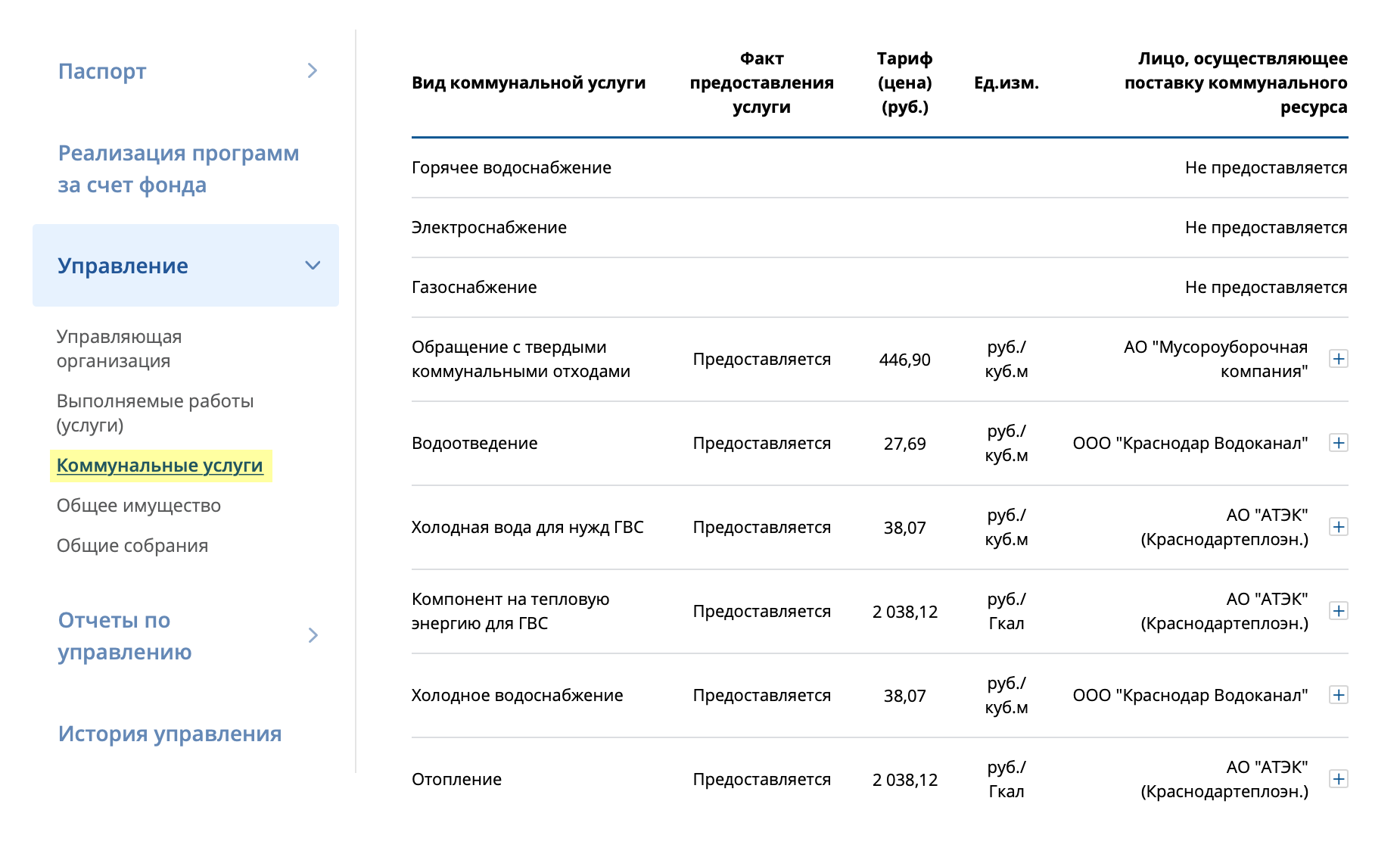 Выберите в выпадающем списке «Коммунальные услуги». Теперь вы видите названия всех коммунальных организаций
