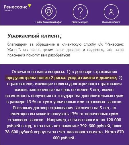 Договор страхования предполагает только два риска: уход из жизни и дожитие. Из переписки с менеджером «Ренессанс-жизни»