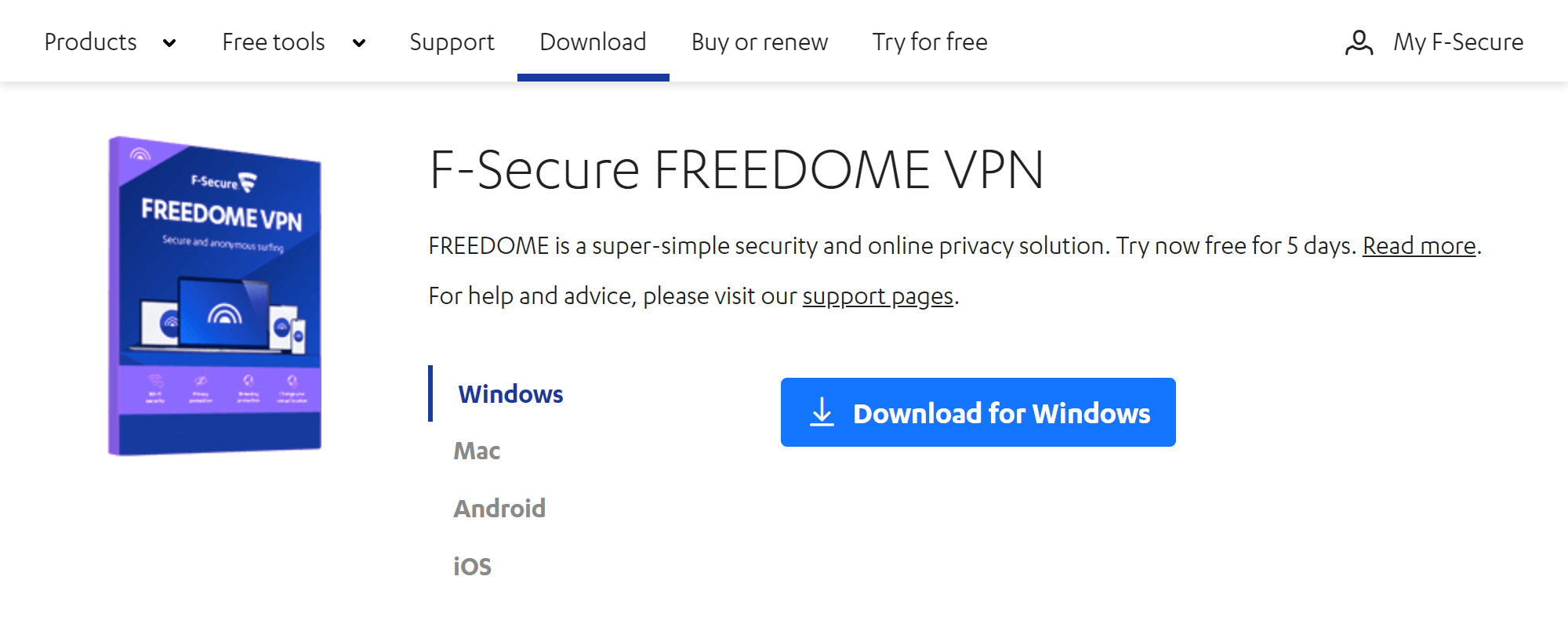 Покажу процесс установки клиента на примере сервиса F-Secure. Зайдите в раздел Download на официальном сайте компании. Скачайте программу F-Secure Freedome VPN под свою операционную систему